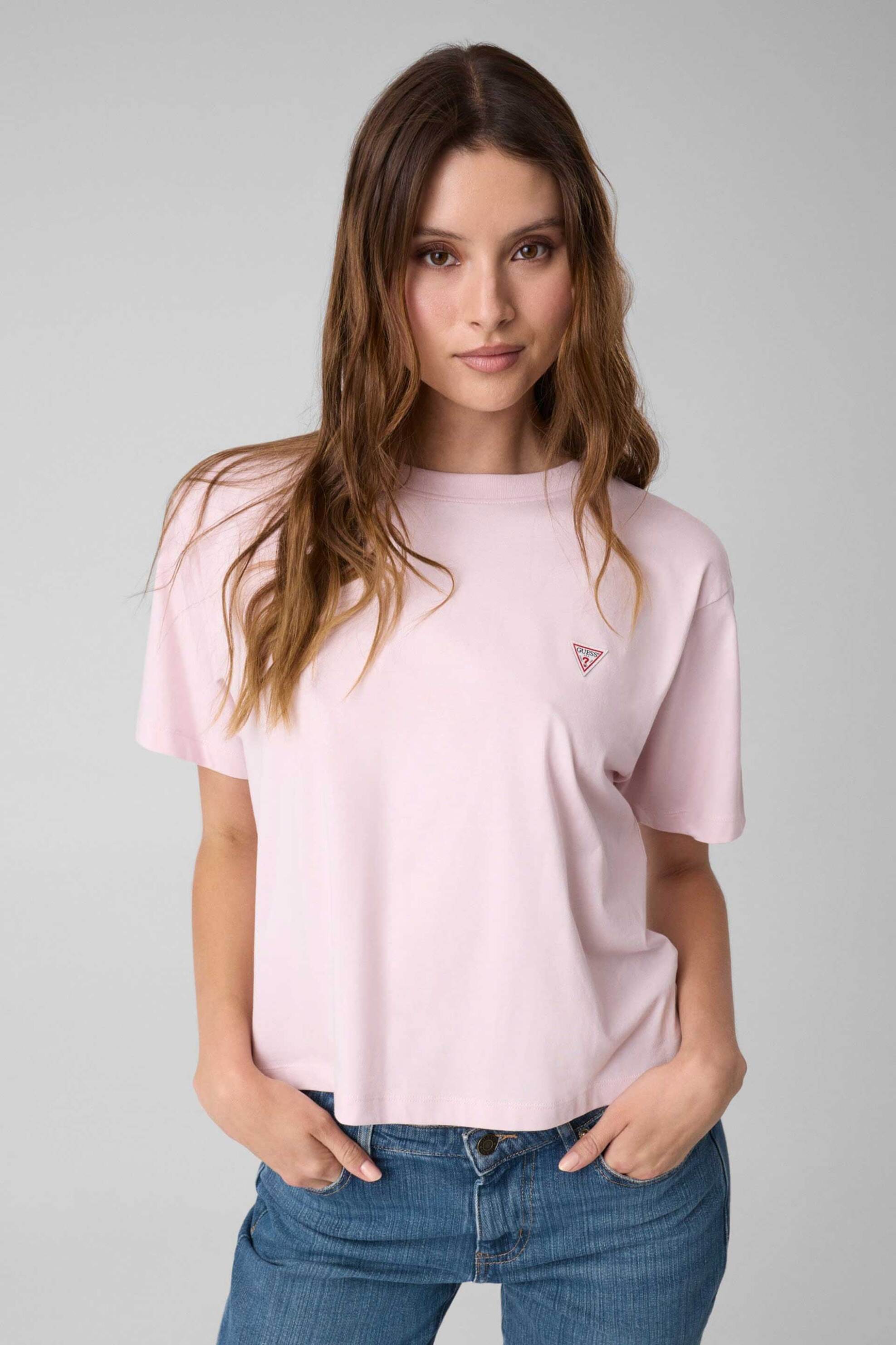 Guess γυναικείο T-shirt με τριγωνικό λογότυπο Βοxy Fit - W4YI05K8HM0 Ροζ