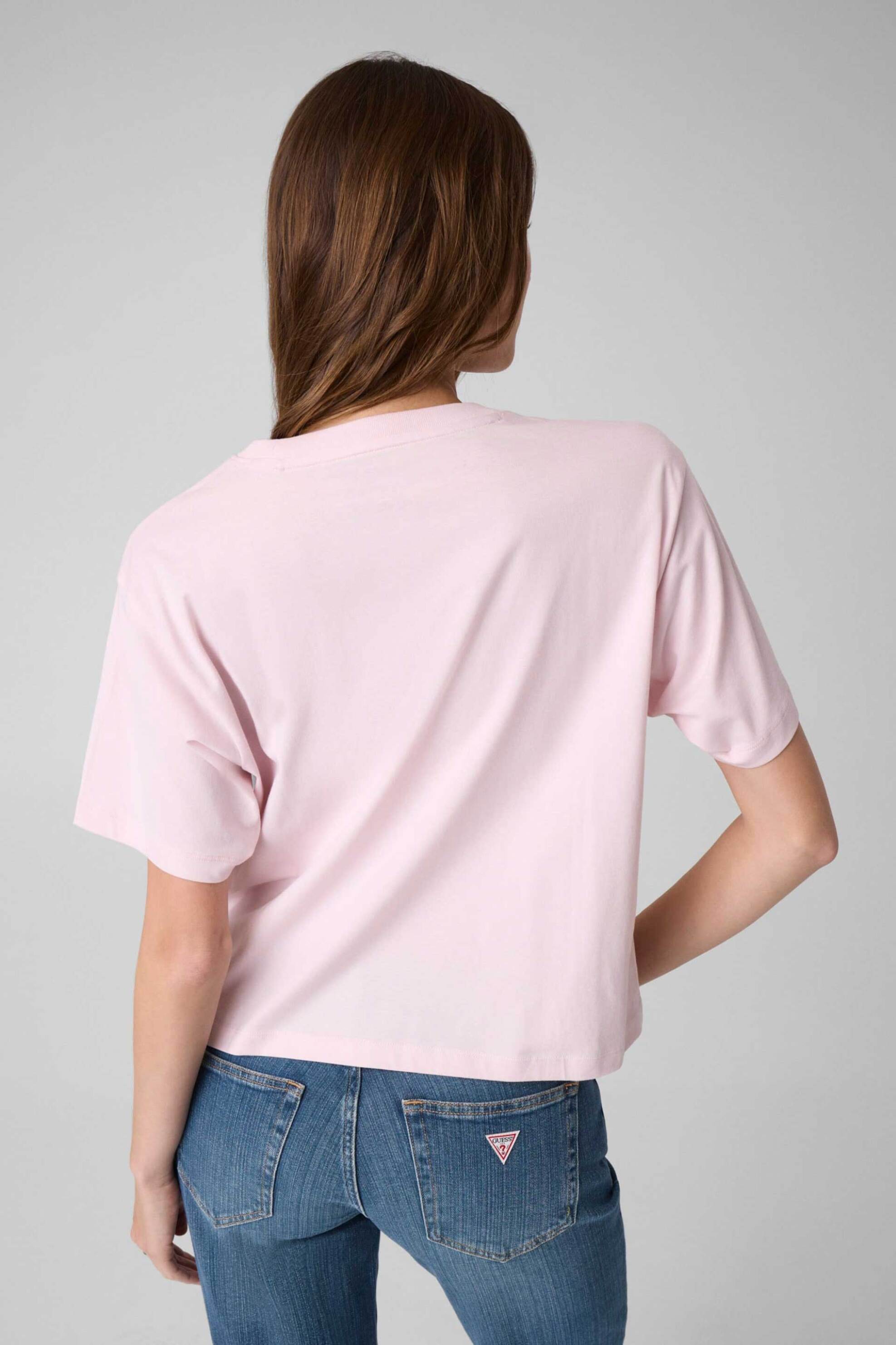 Guess Γυναικείο T-Shirt με Τριγωνικό Λογότυπο Βοxy Fit - W4Yi05K8Hm0 Ροζ
