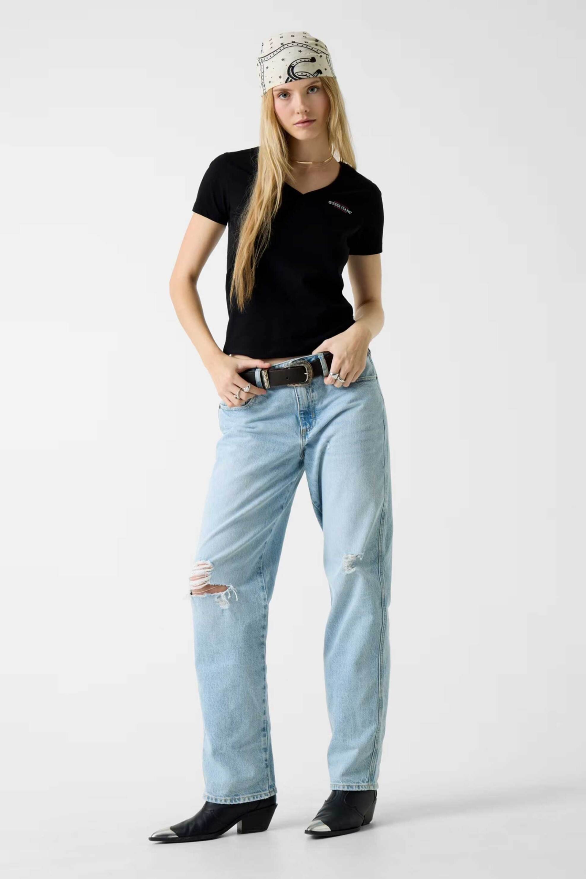 Guess γυναικείο T-shirt με logo print V λαιμόκοψη - W4YI23J1314 Μαύρο