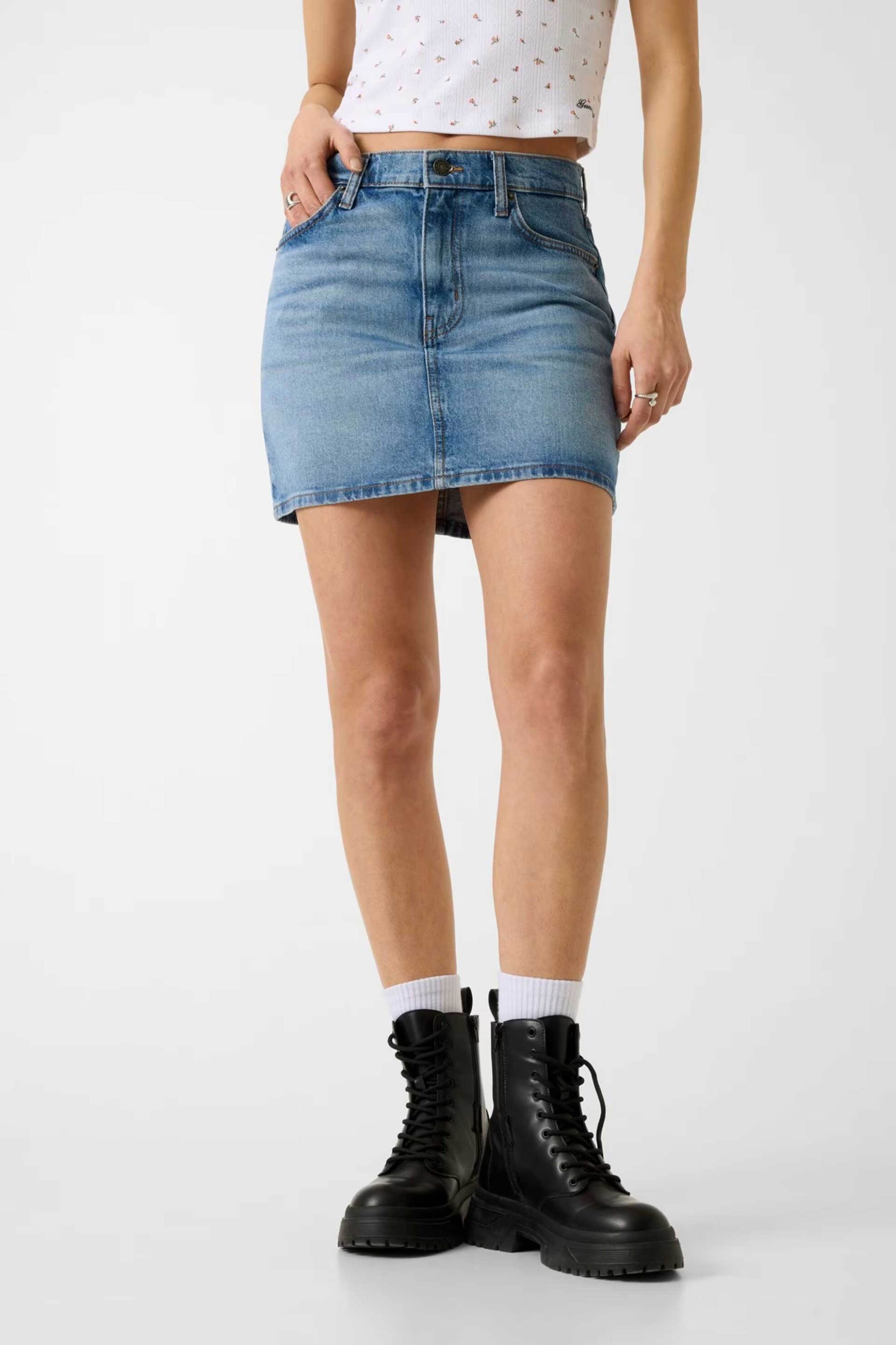 Guess γυναικεία mini φούστα denim ψηλόμεση πεντάτσεπη Regular Fit - W5GD0QD5M4A Denim Blue
