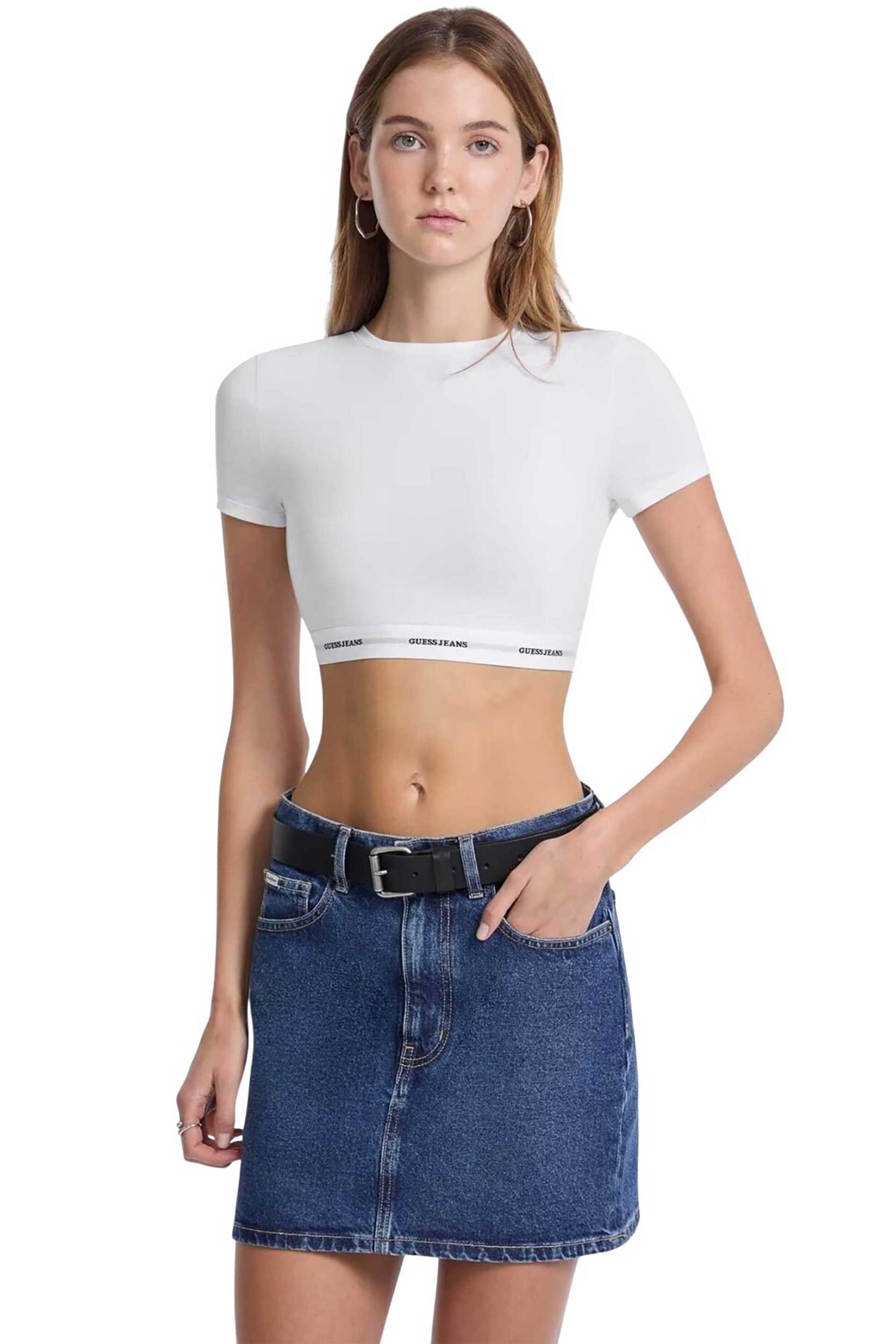 Guess γυναικείο τοπ με λογότυπο cropped - W5YZ02KBBU1 Λευκό