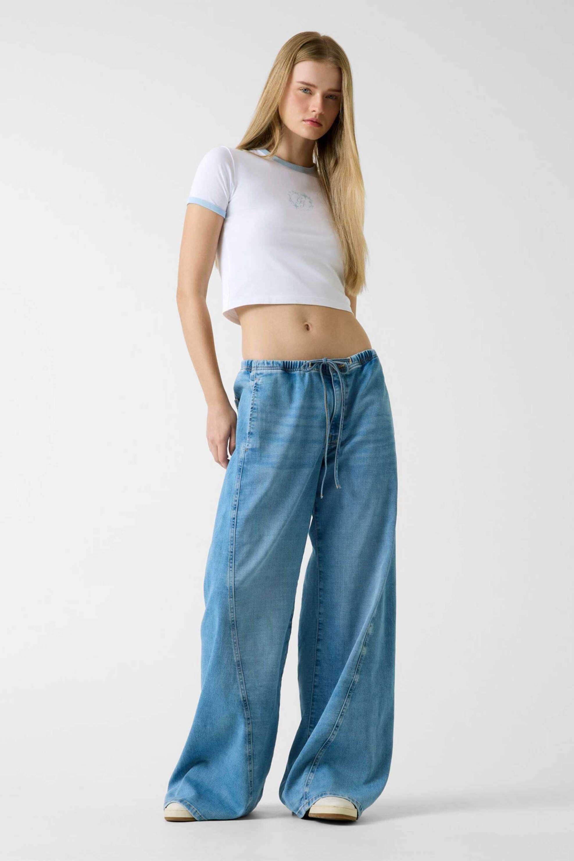 Guess γυναικείο τζιν παντελόνι με ελαστική μέση Wide Leg - W6RA2JD6542 Denim Blue Ανοιχτό