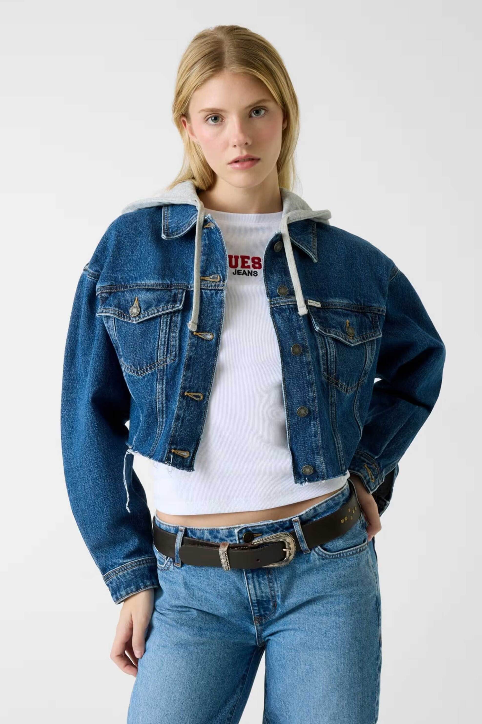 Guess γυναικείο denim jacket cropped με κουκούλα - W6RN11D5R2C Denim Blue