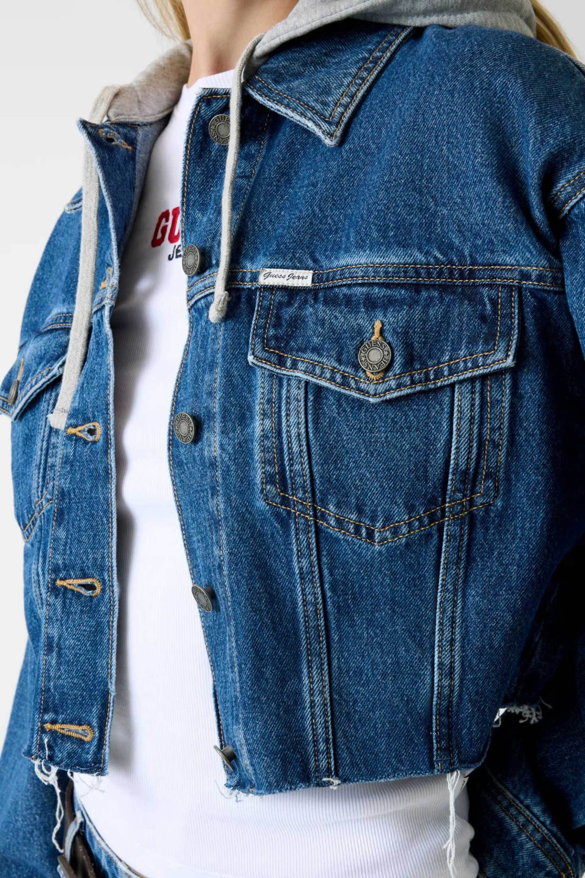 Guess γυναικείο denim jacket cropped με κουκούλα - W6RN11D5R2C Denim Blue