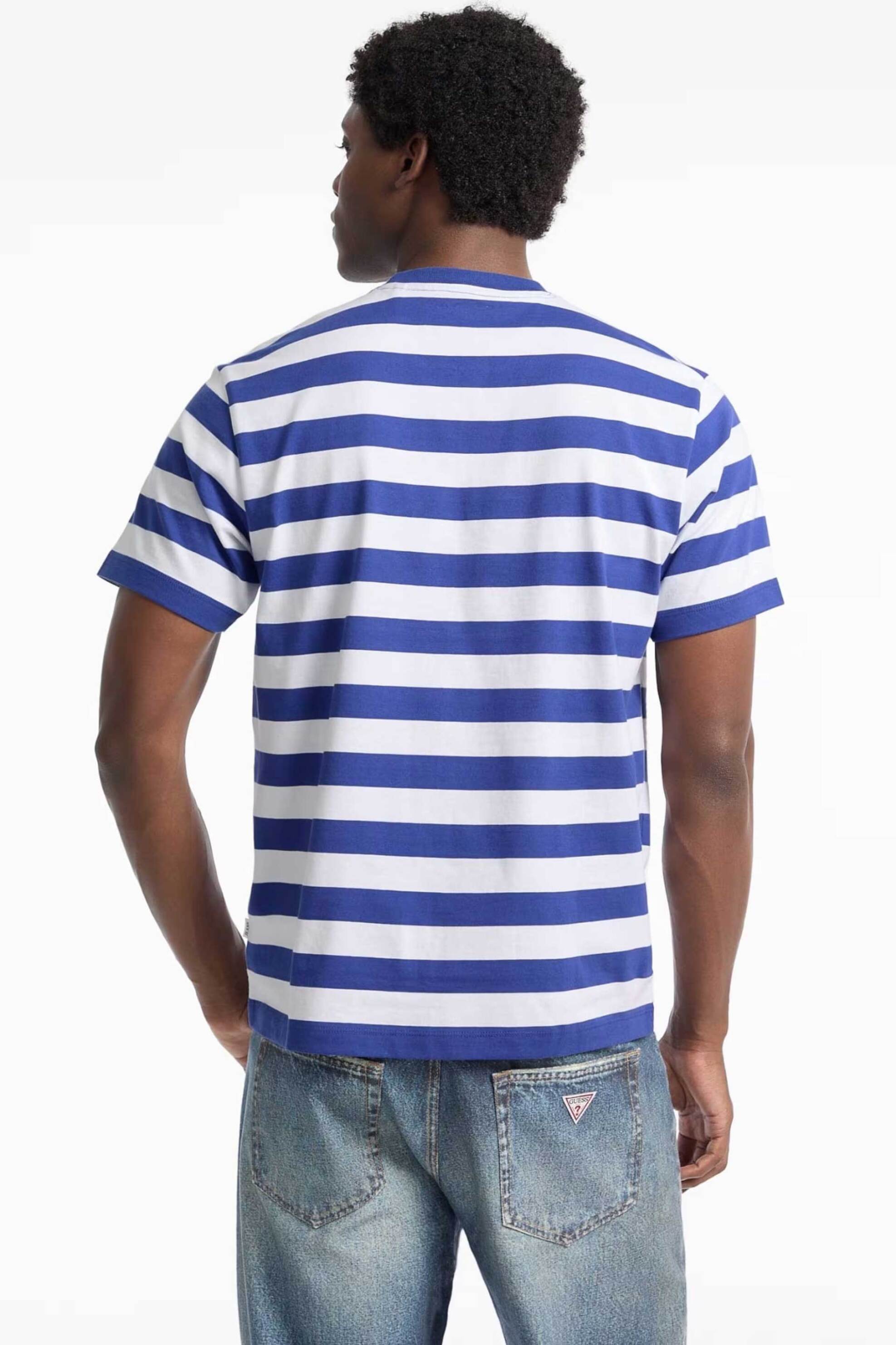 Guess Ανδρικό T-Shirt Ριγέ με Logo Regular Fit - M4Yi84K9Xf1 Μπλε