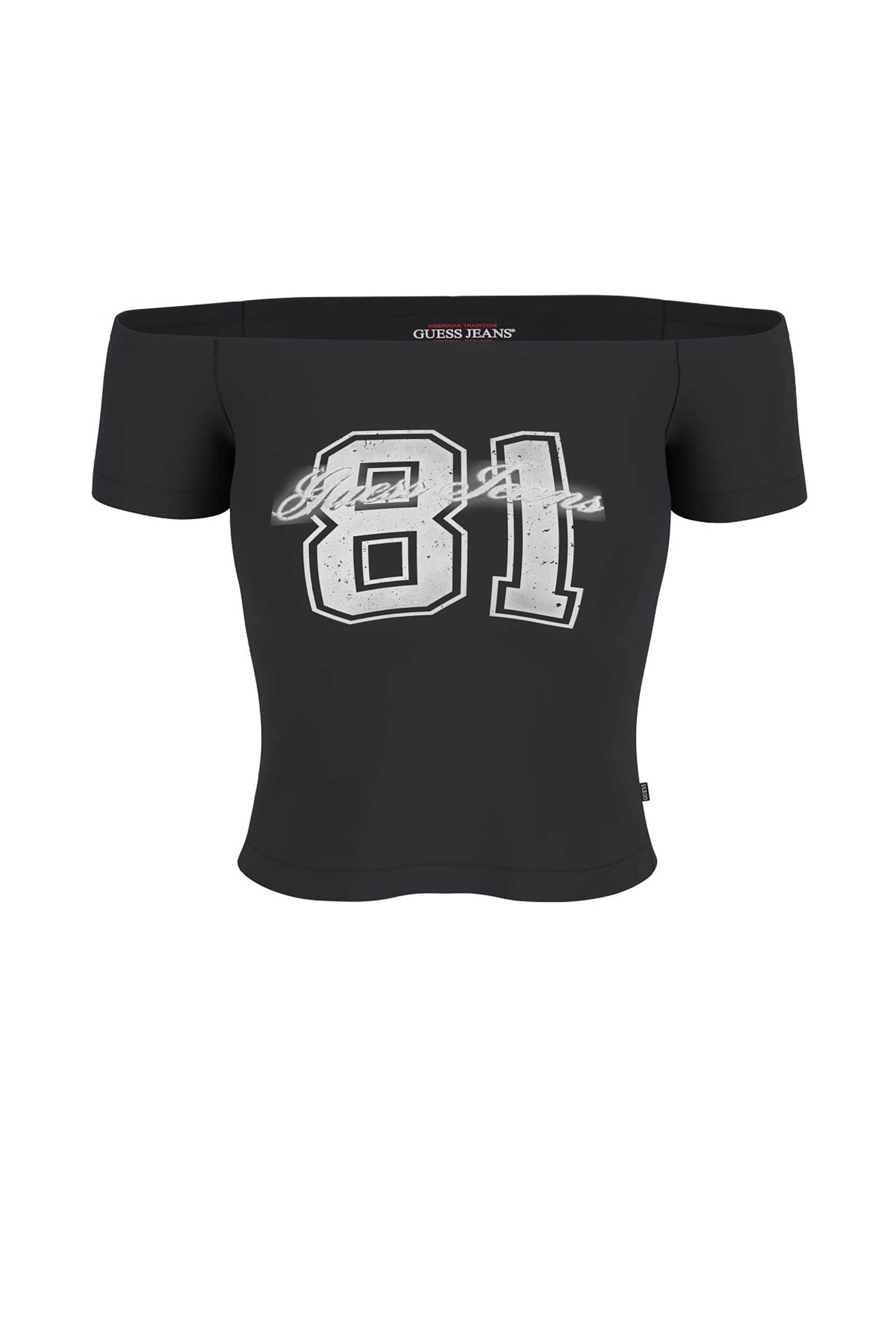 Guess γυναικείο T-shirt off-shoulder με print Slim Fit - W6GI07J1314 Μαύρο