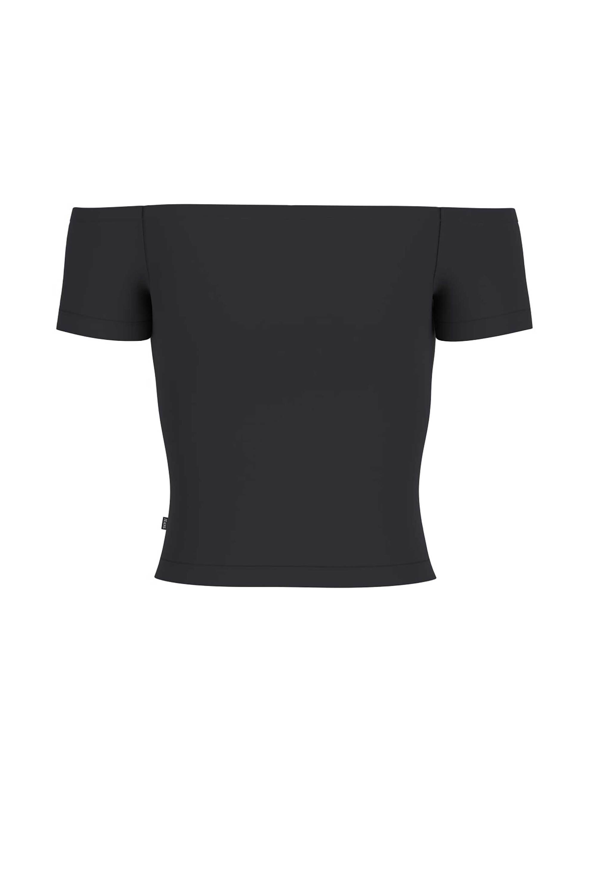 Guess γυναικείο T-shirt off-shoulder με print Slim Fit - W6GI07J1314 Μαύρο