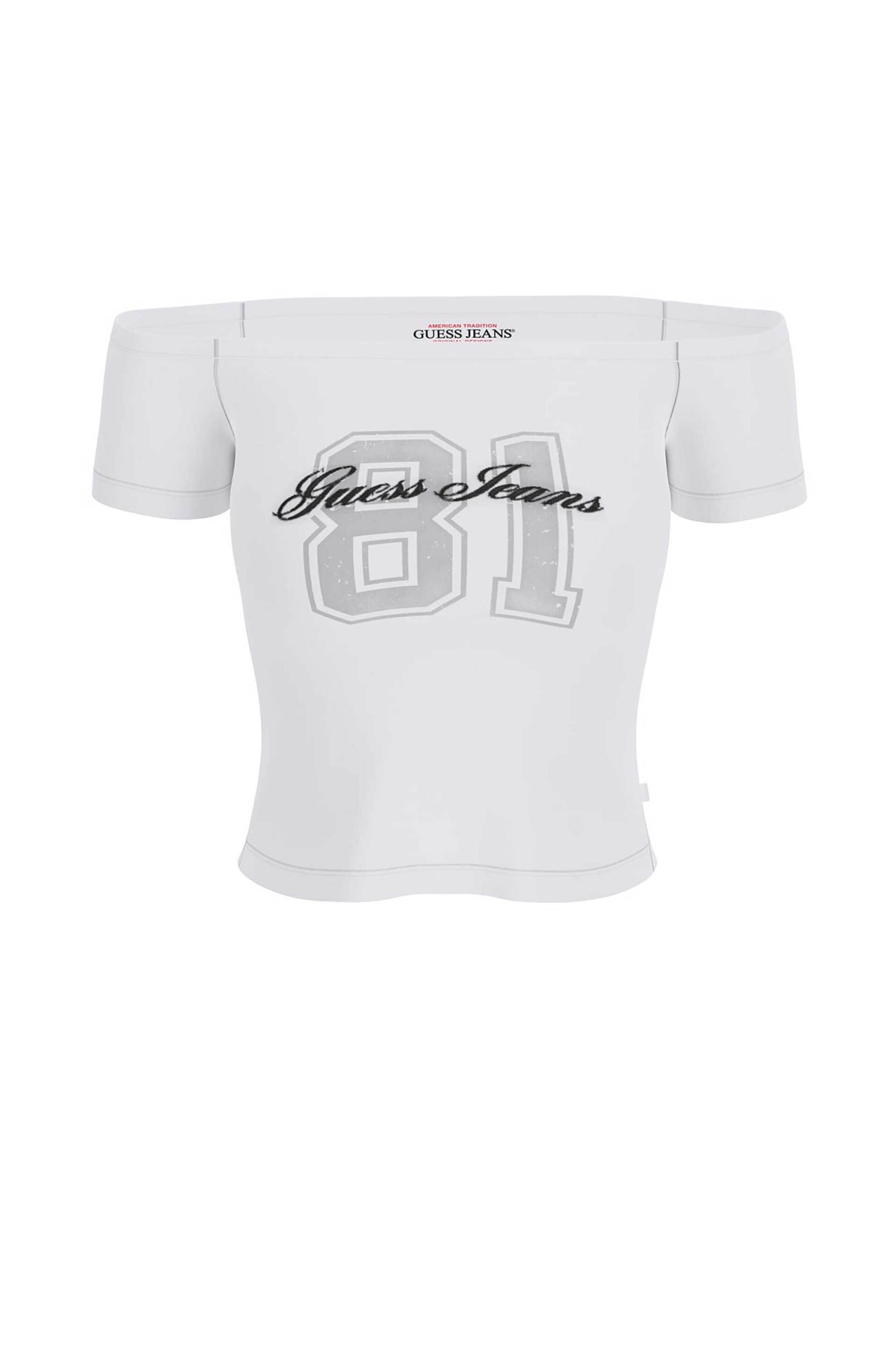 Guess γυναικείο T-shirt off-shoulder με print Slim Fit - W6GI07J1314 Λευκό