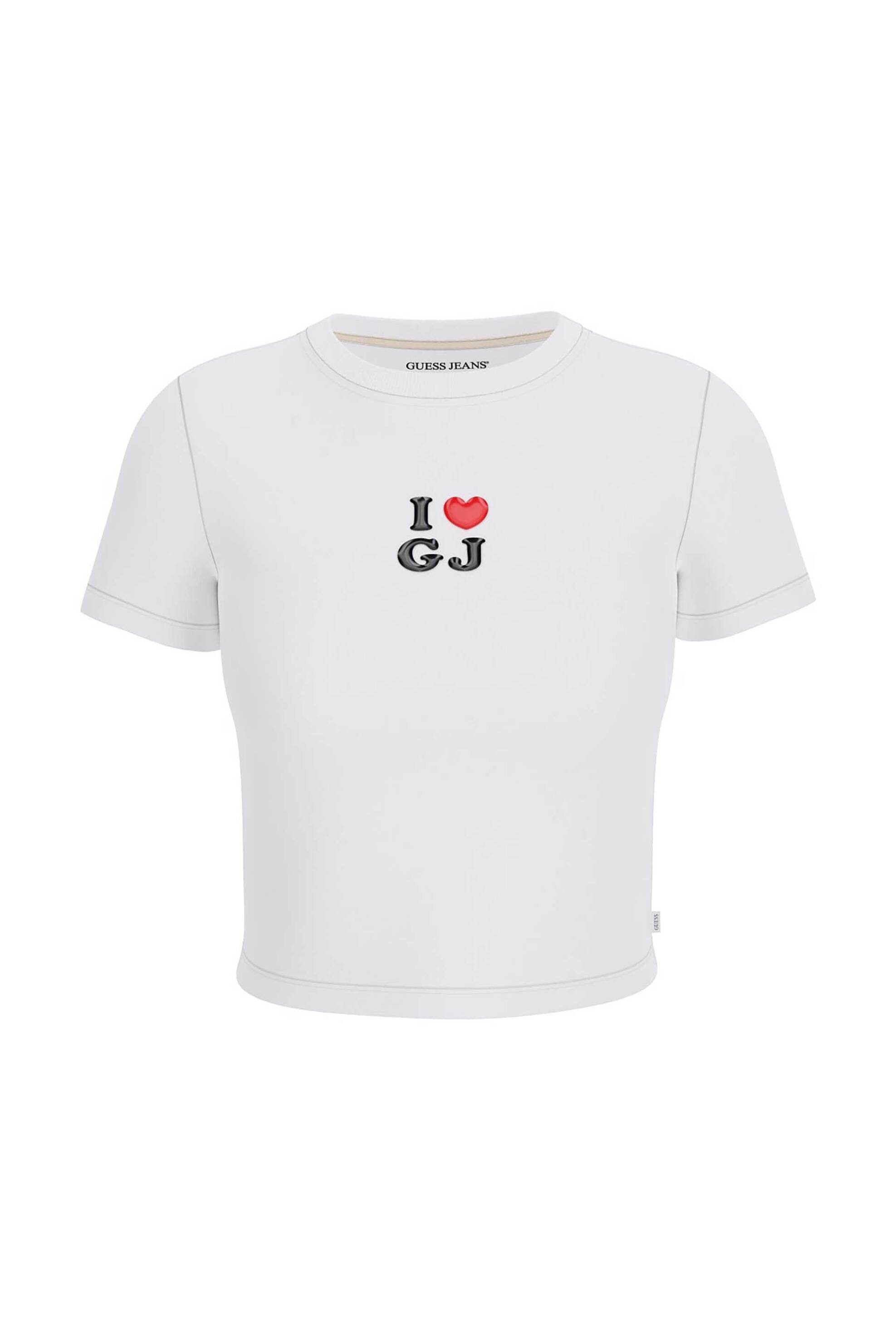 Guess γυναικείο T-shirt cropped με print Slim Fit - W6GIB1J1314 Λευκό