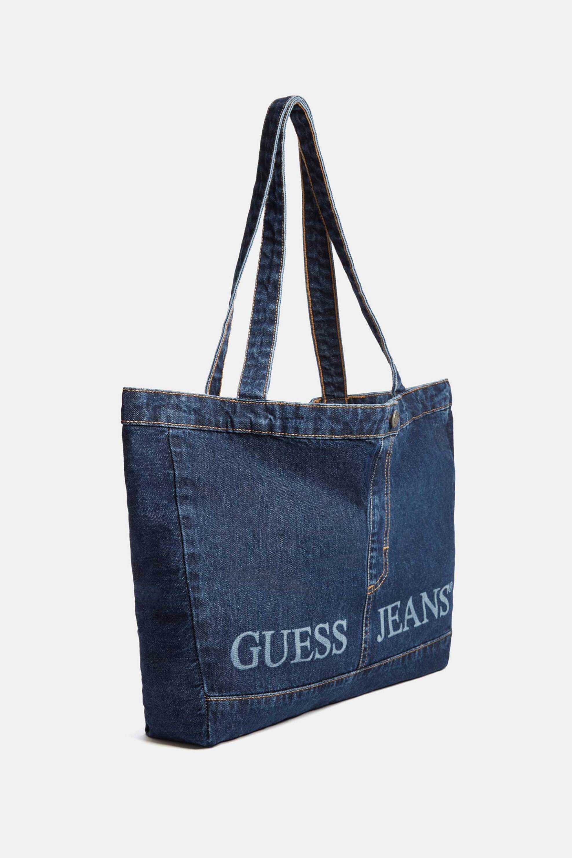 Guess γυναικεία denim τσάντα tote με λογότυπο - M4BZ67D5RH0 Denim Blue Σκούρο
