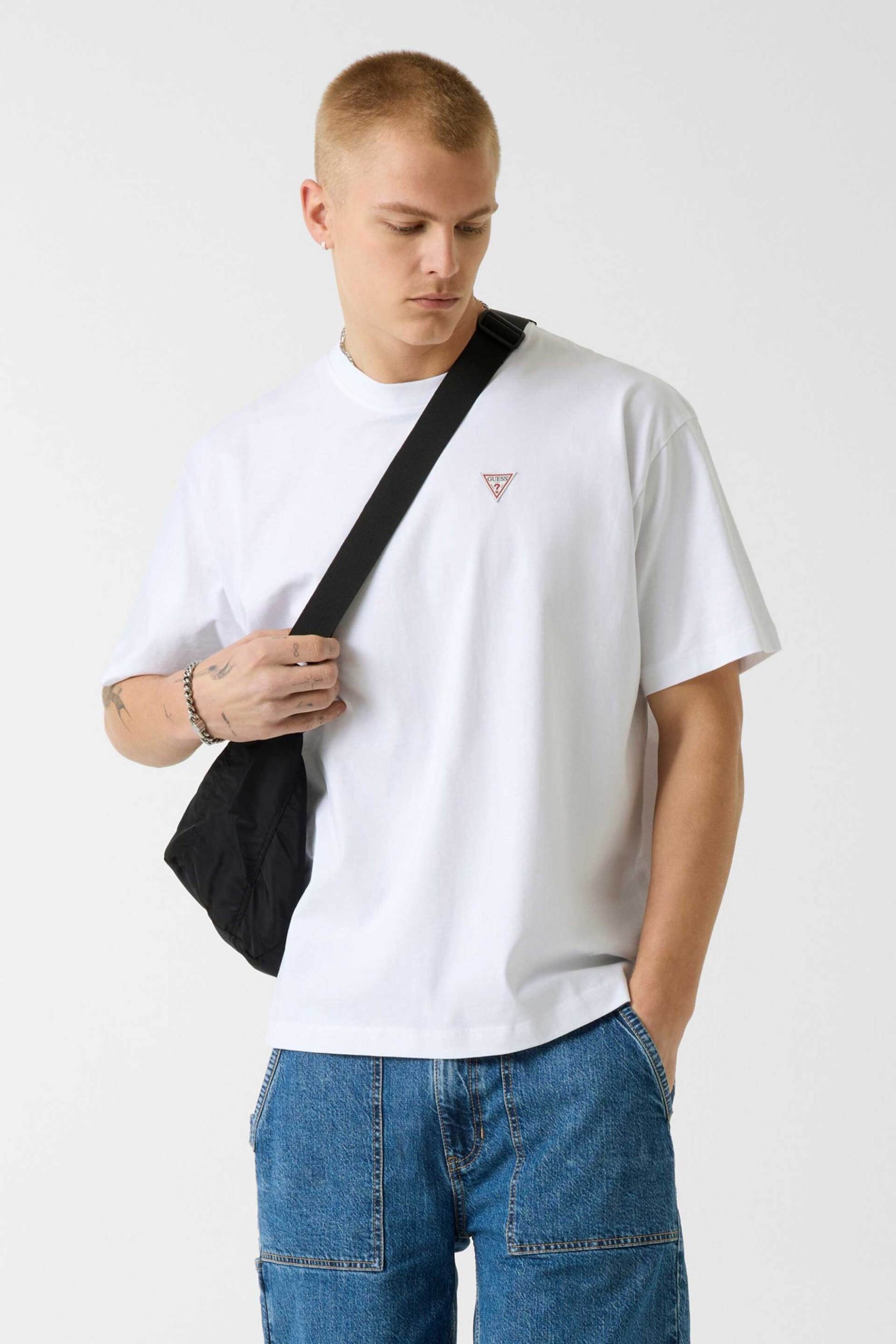 Guess ανδρικό T-shirt με mini triangle logo patch Oversized Fit - M4YI46K8FQ4 Λευκό