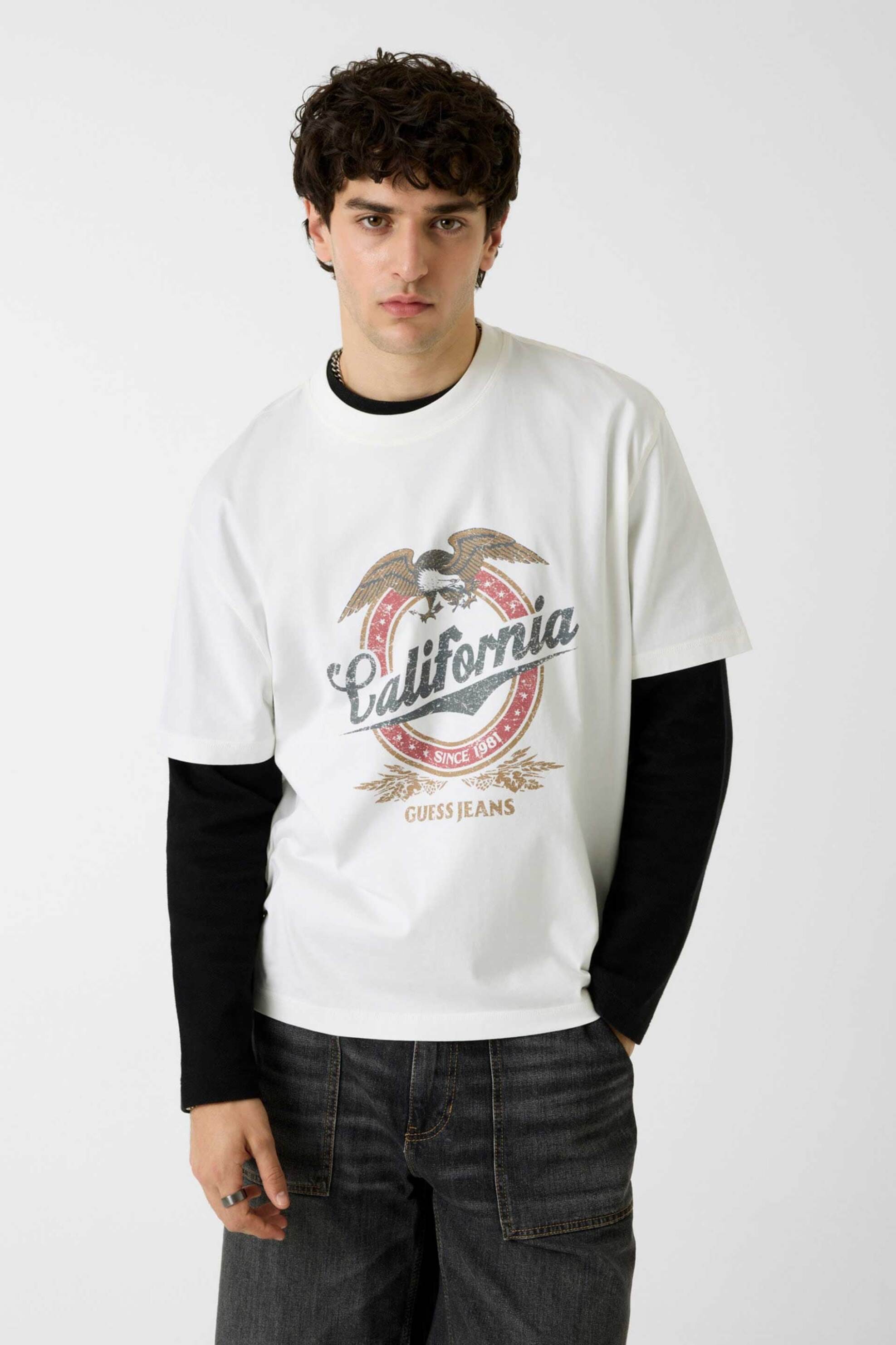 Guess ανδρικό T-shirt με print Oversized Fit - M6YI14K3945 Λευκό