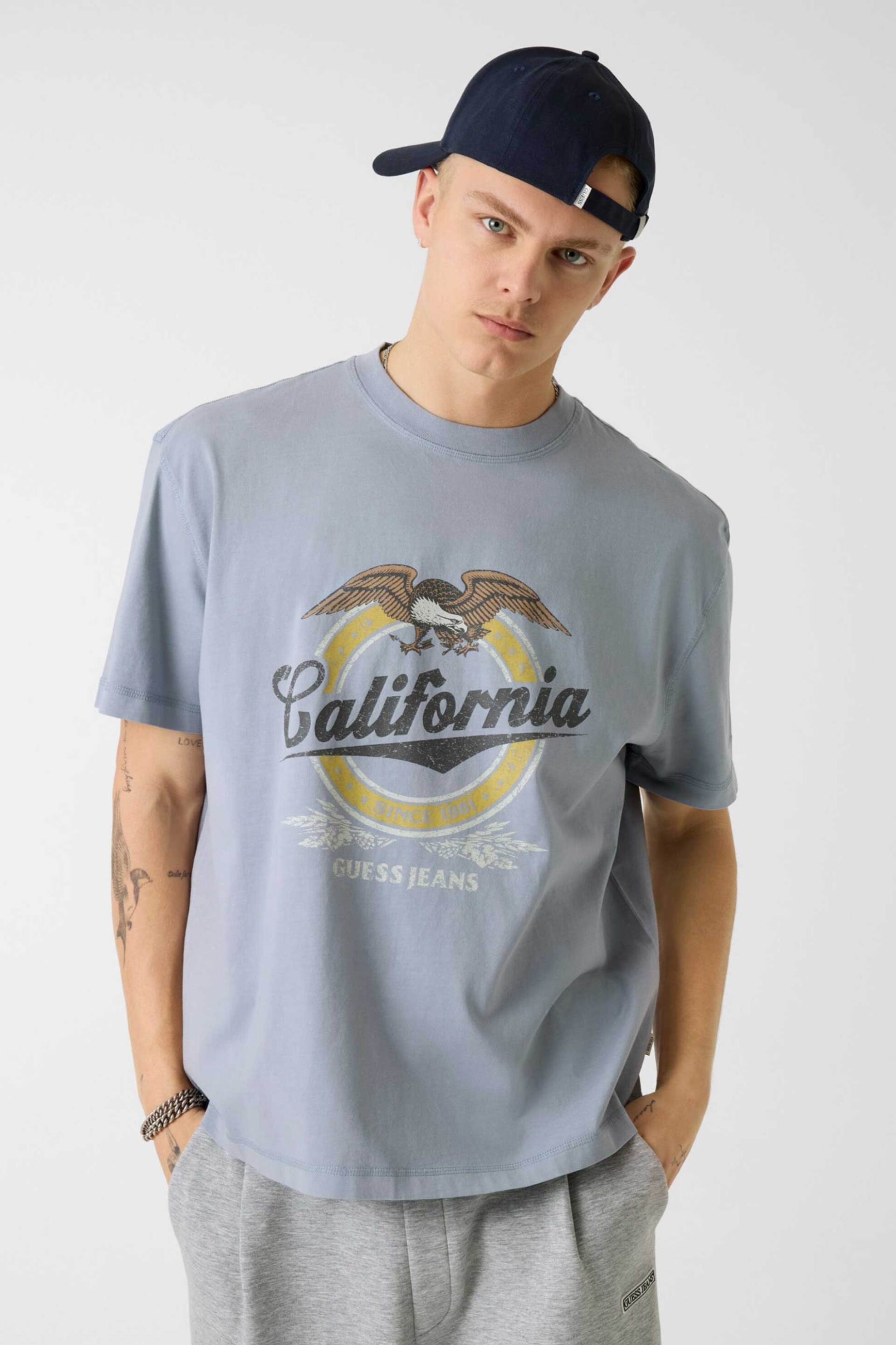 Guess ανδρικό T-shirt με print Oversized Fit - M6YI14K3945 Μπλε Ανοιχτό