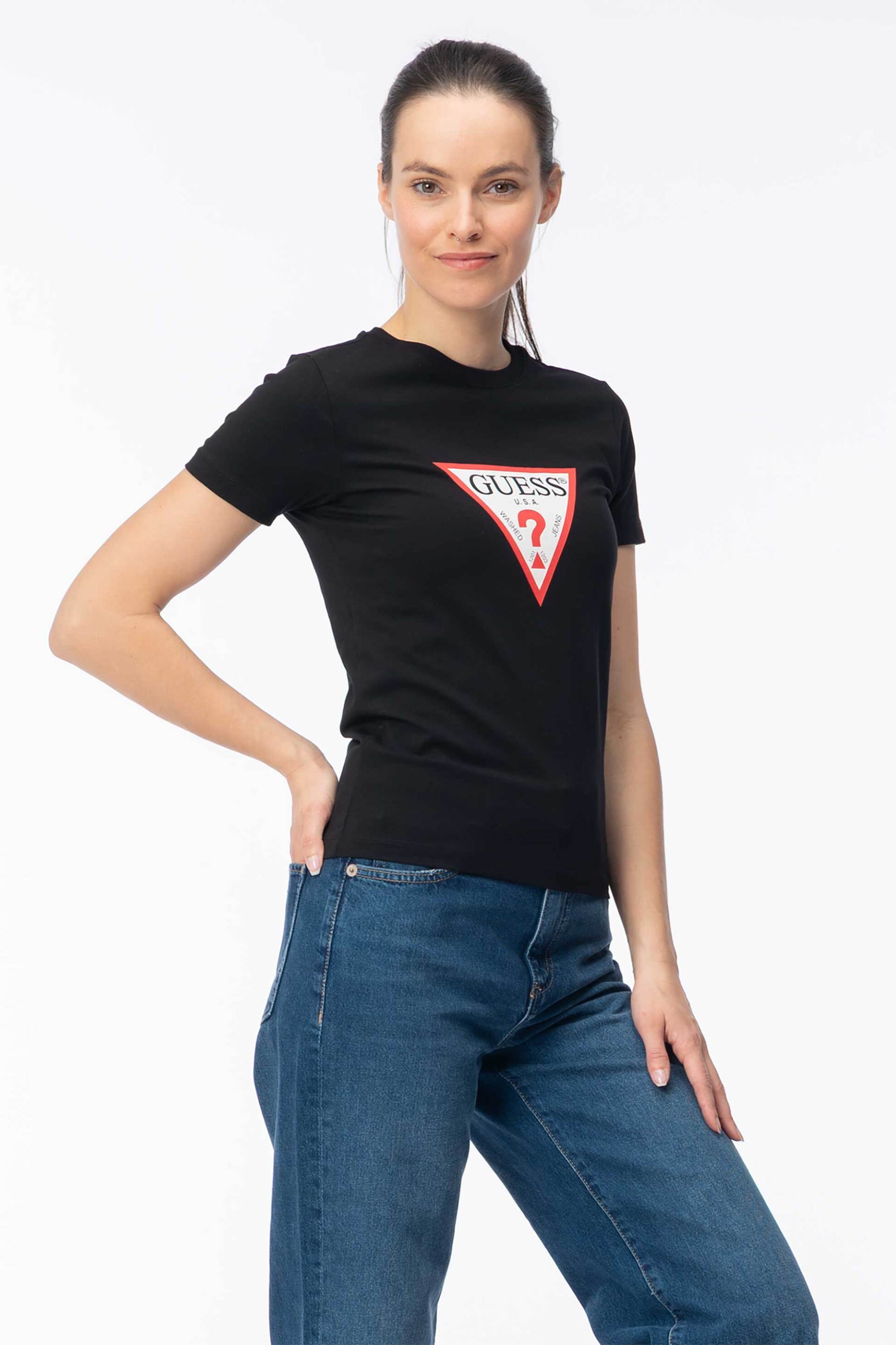 Guess γυναικείο T-shirt με triangle logo print Slim Fit - W4YI04J1314 Μαύρο