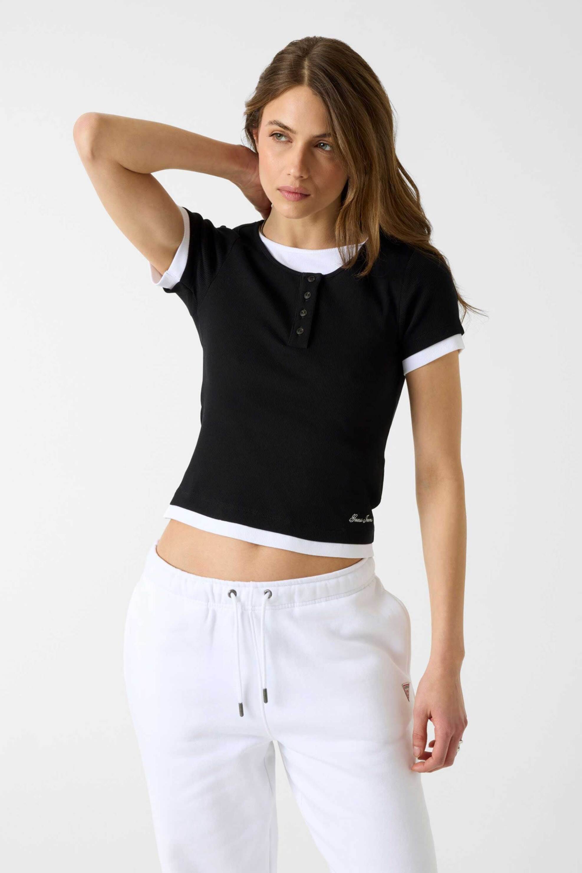 Guess γυναικεία μπλούζα henley double layer ribbed με λογότυπο Slim Fit - W6YP07K3685 Μαύρο