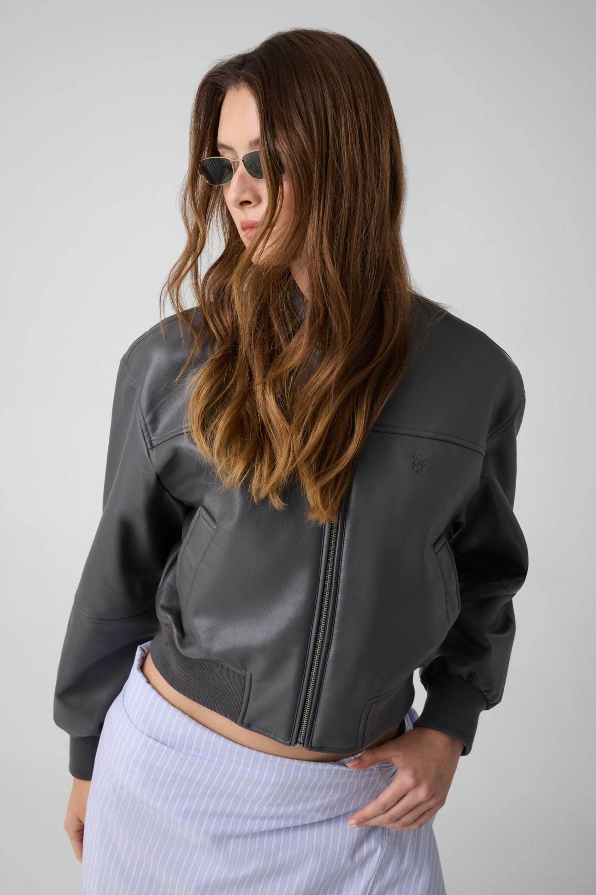Guess γυναικείο bomber jacket faux leather - W6YL01W2525 Ανθρακί