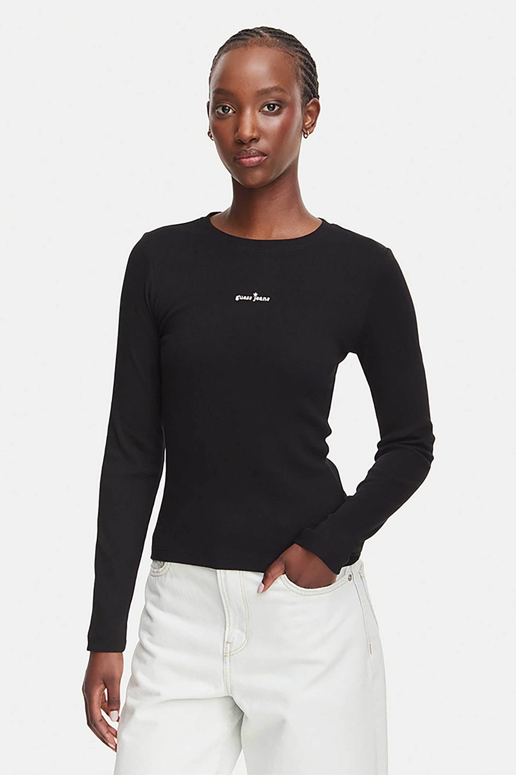 Guess γυναικεία μπλούζα ribbed με κεντημένο λογότυπο Slim Fit - W6YP14K3821 Μαύρο