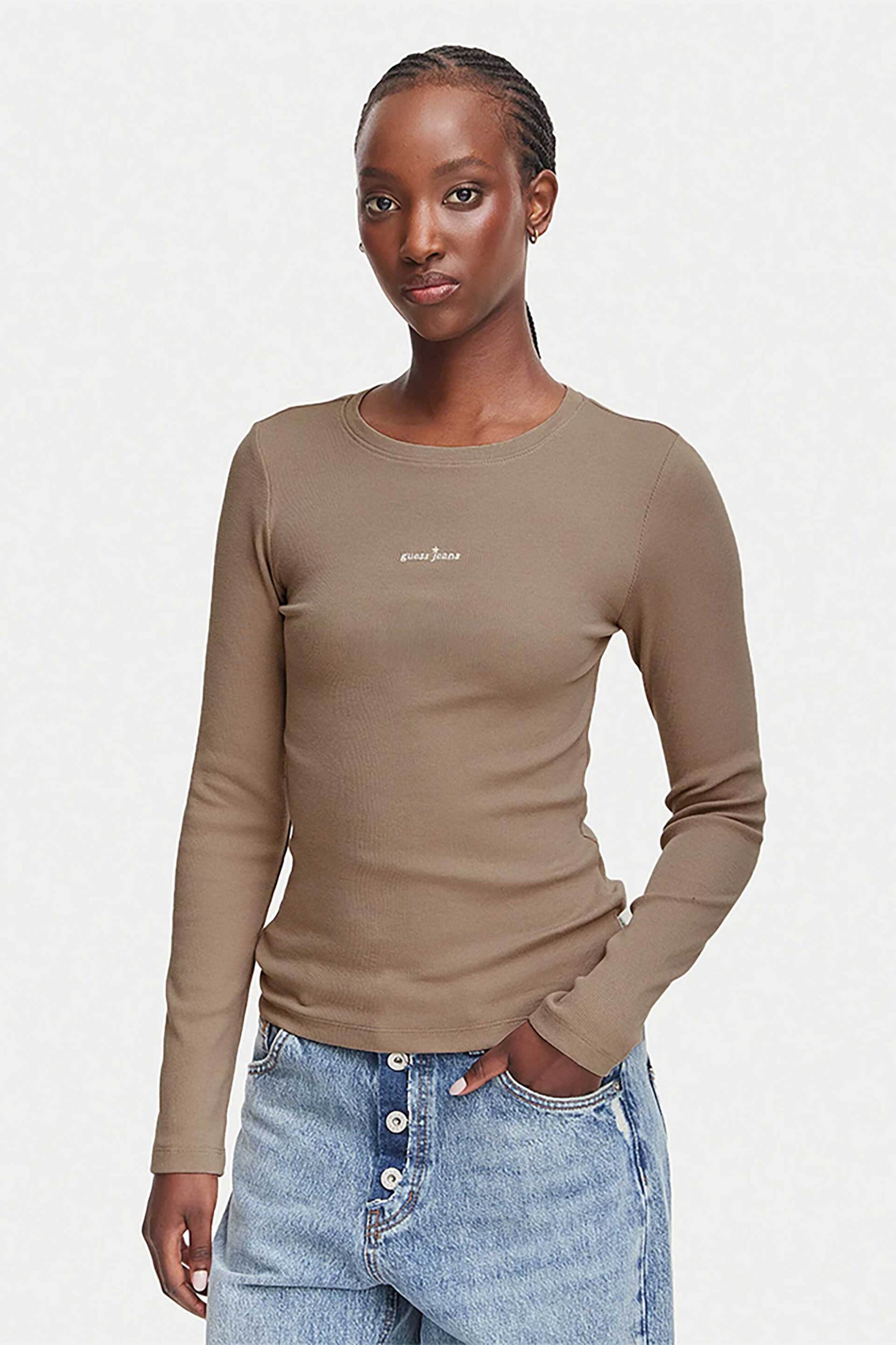 Guess γυναικεία μπλούζα ribbed με κεντημένο λογότυπο Slim Fit - W6YP14K3821 Taupe