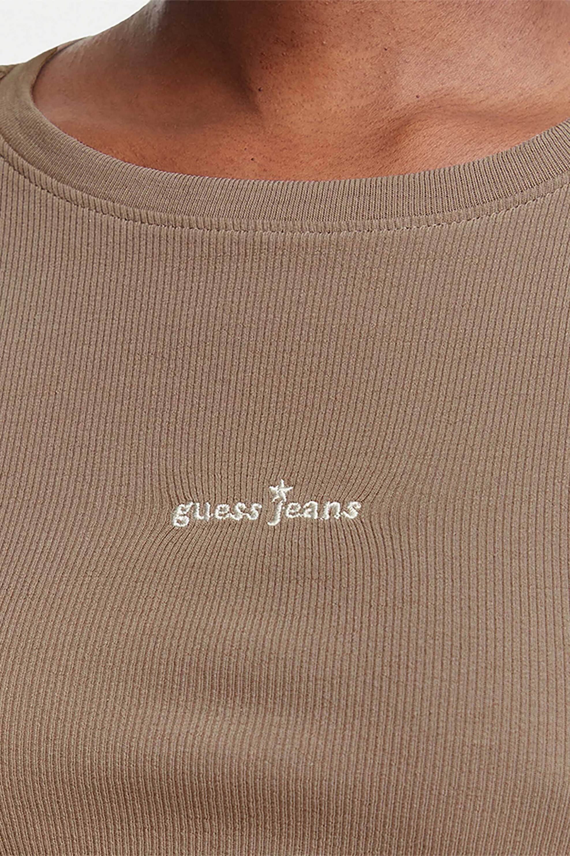 Guess γυναικεία μπλούζα ribbed με κεντημένο λογότυπο Slim Fit - W6YP14K3821 Taupe