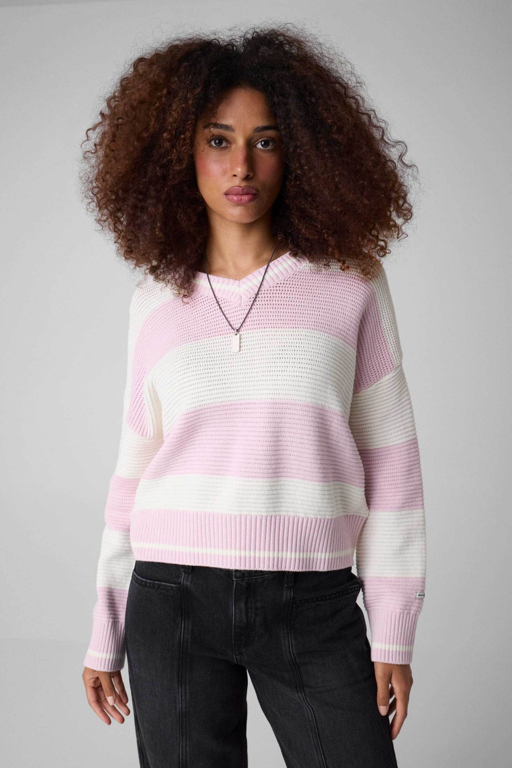 Guess γυναικείο πουλόβερ structured με ριγέ σχέδιο Relaxed Fit - W6YR01Z0847 Ροζ
