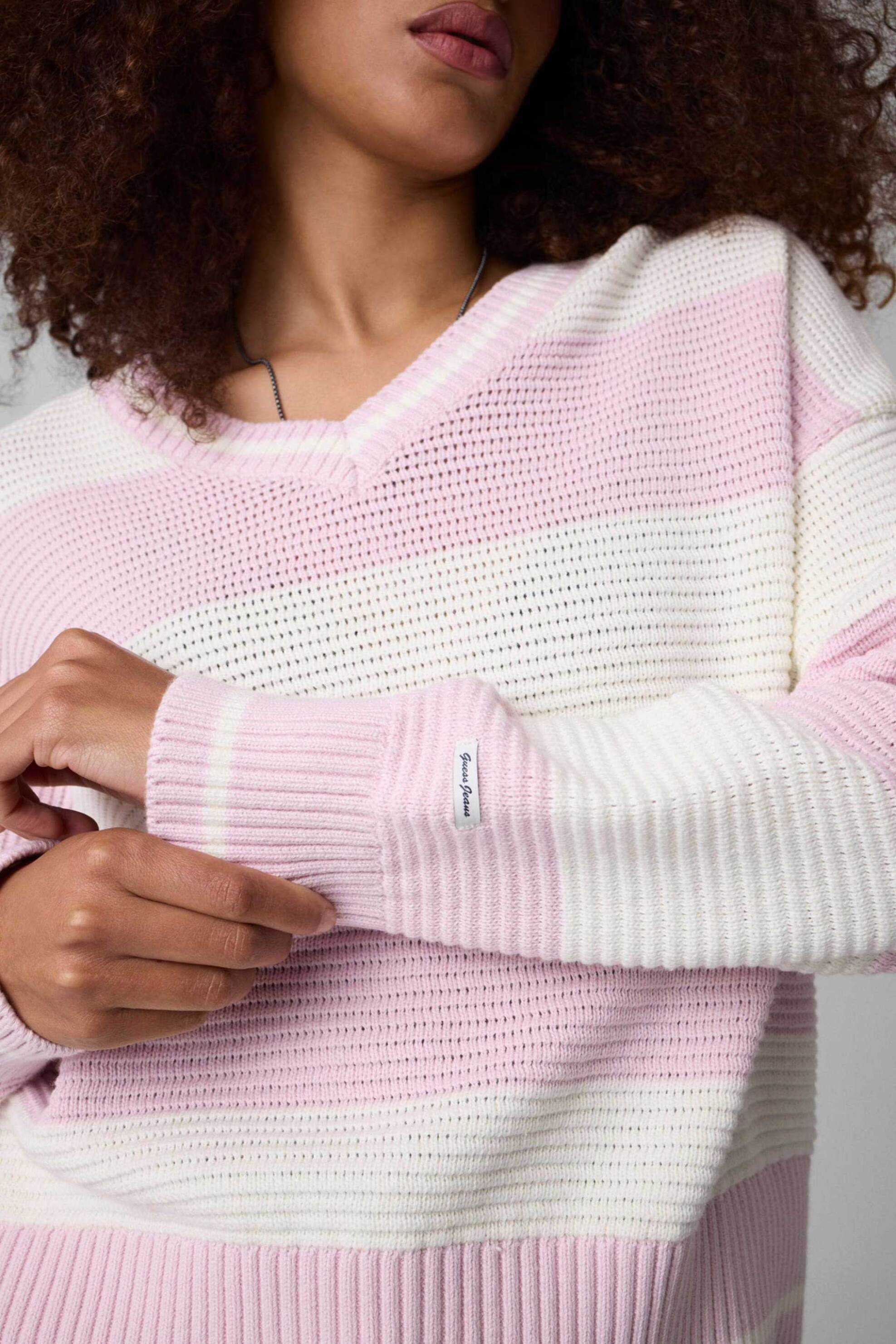 Guess γυναικείο πουλόβερ structured με ριγέ σχέδιο Relaxed Fit - W6YR01Z0847 Ροζ