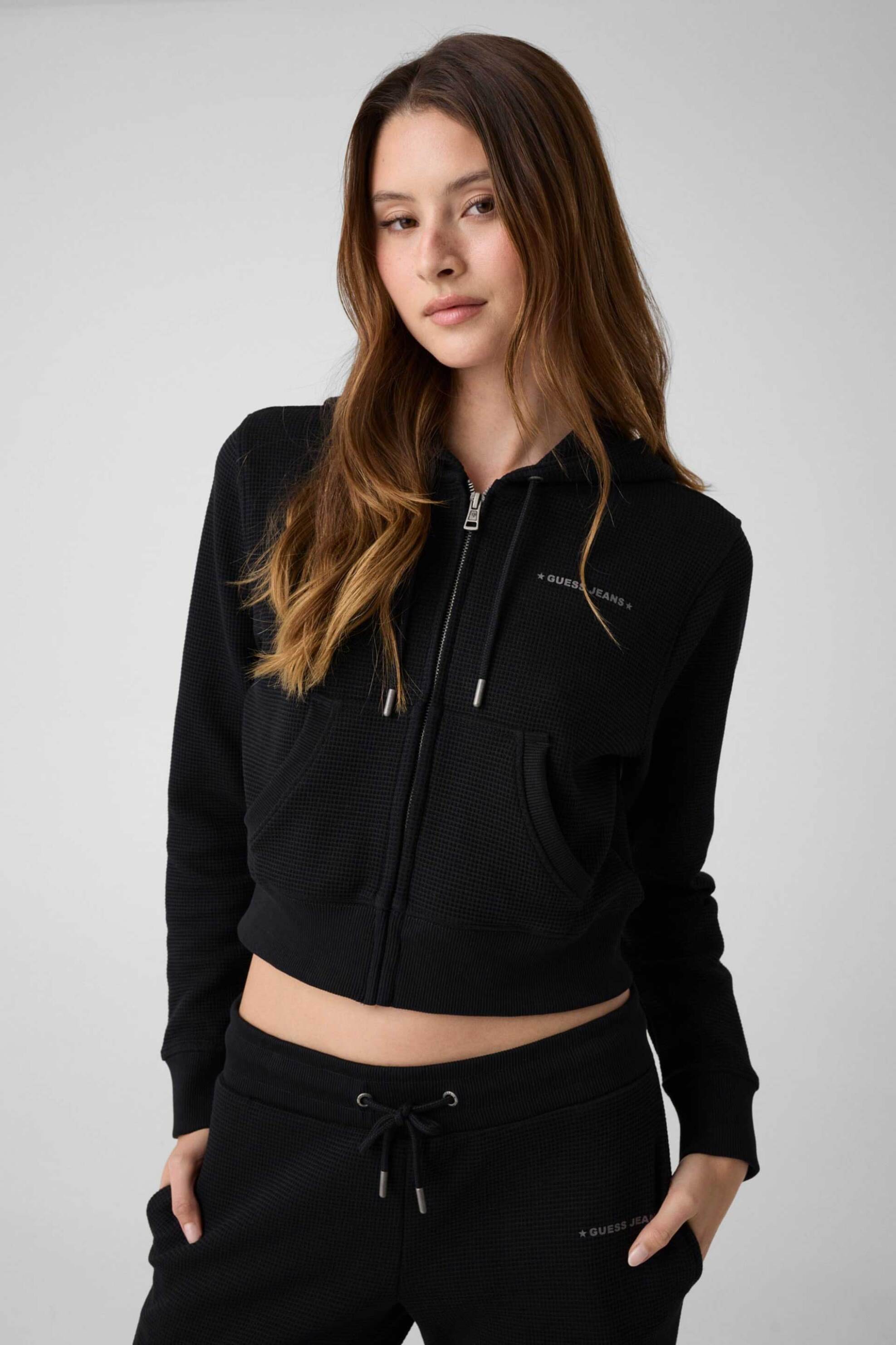 Guess γυναικεία ζακέτα φούτερ cropped με waffle pattern, κουκούλα και logo print Regular Fit - W6YQ13K4206 Μαύρο
