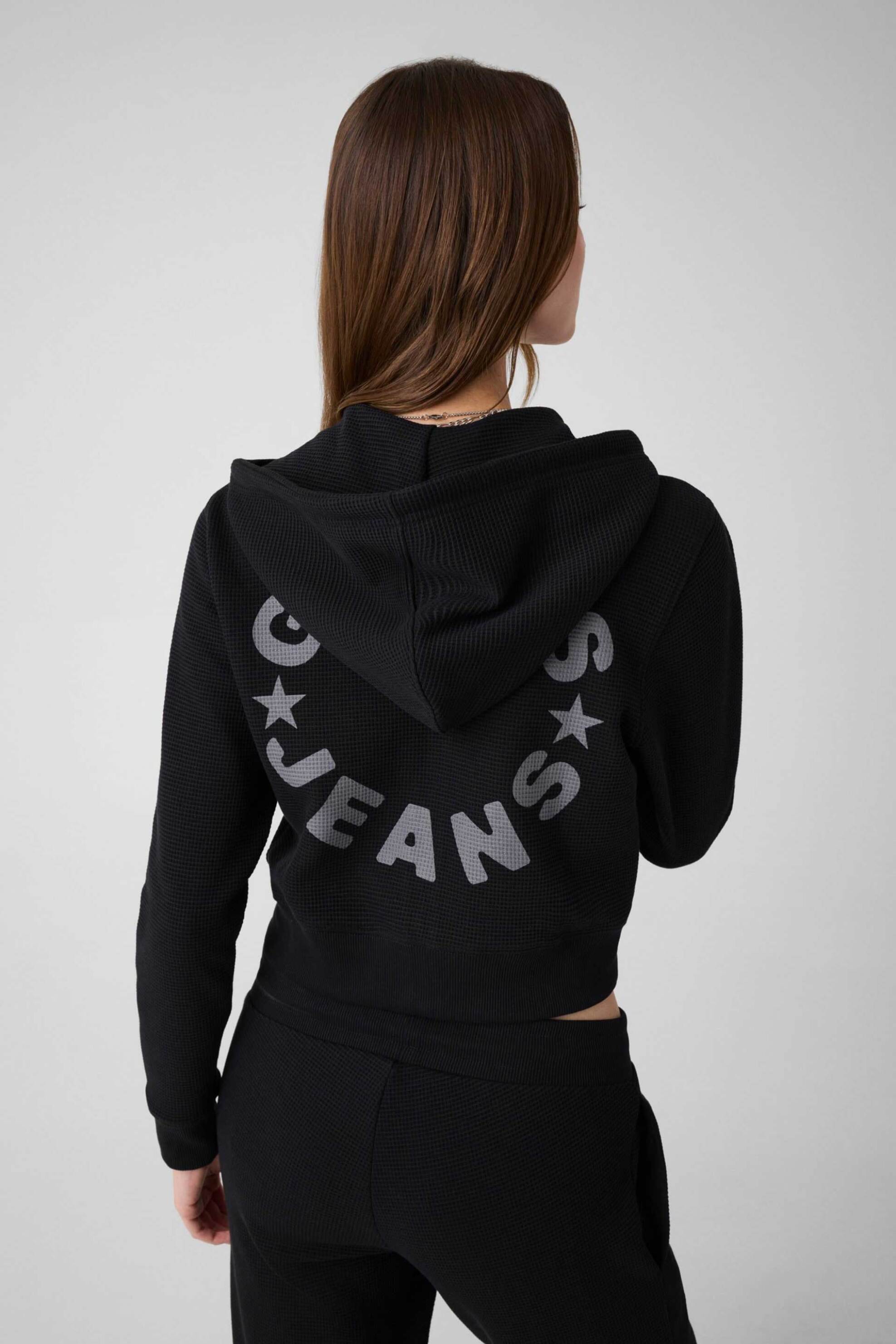 Guess Γυναικεία Ζακέτα Φούτερ Cropped με Waffle Pattern Κουκούλα Και Logo Print Regular Fit - W6Yq13K4206 Μαύρο