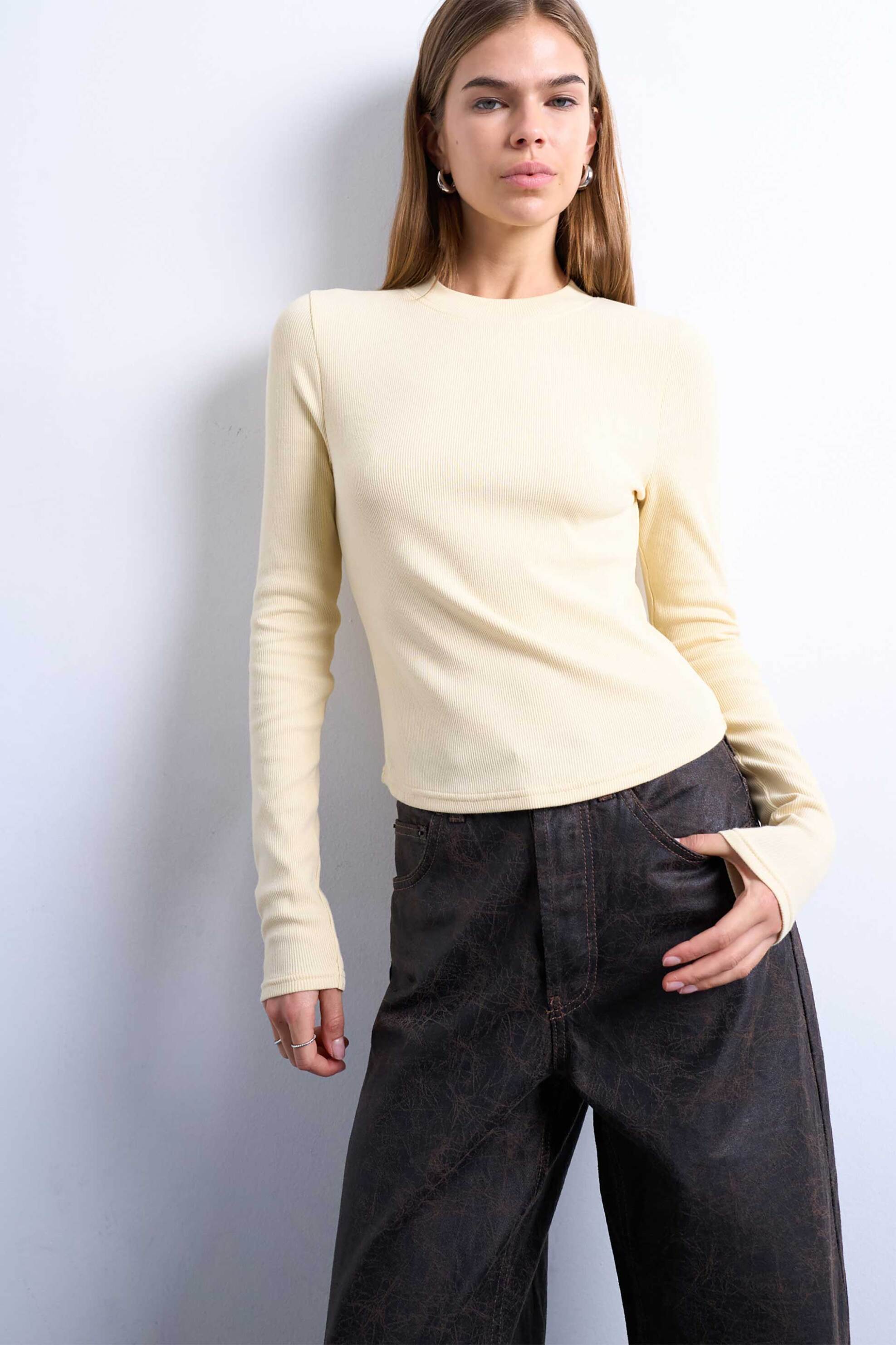 Topshop γυναικεία μπλούζα μονόχρωμη με μακρύ μανίκι "Tsbea" - 31000481 Κίτρινο Pastel