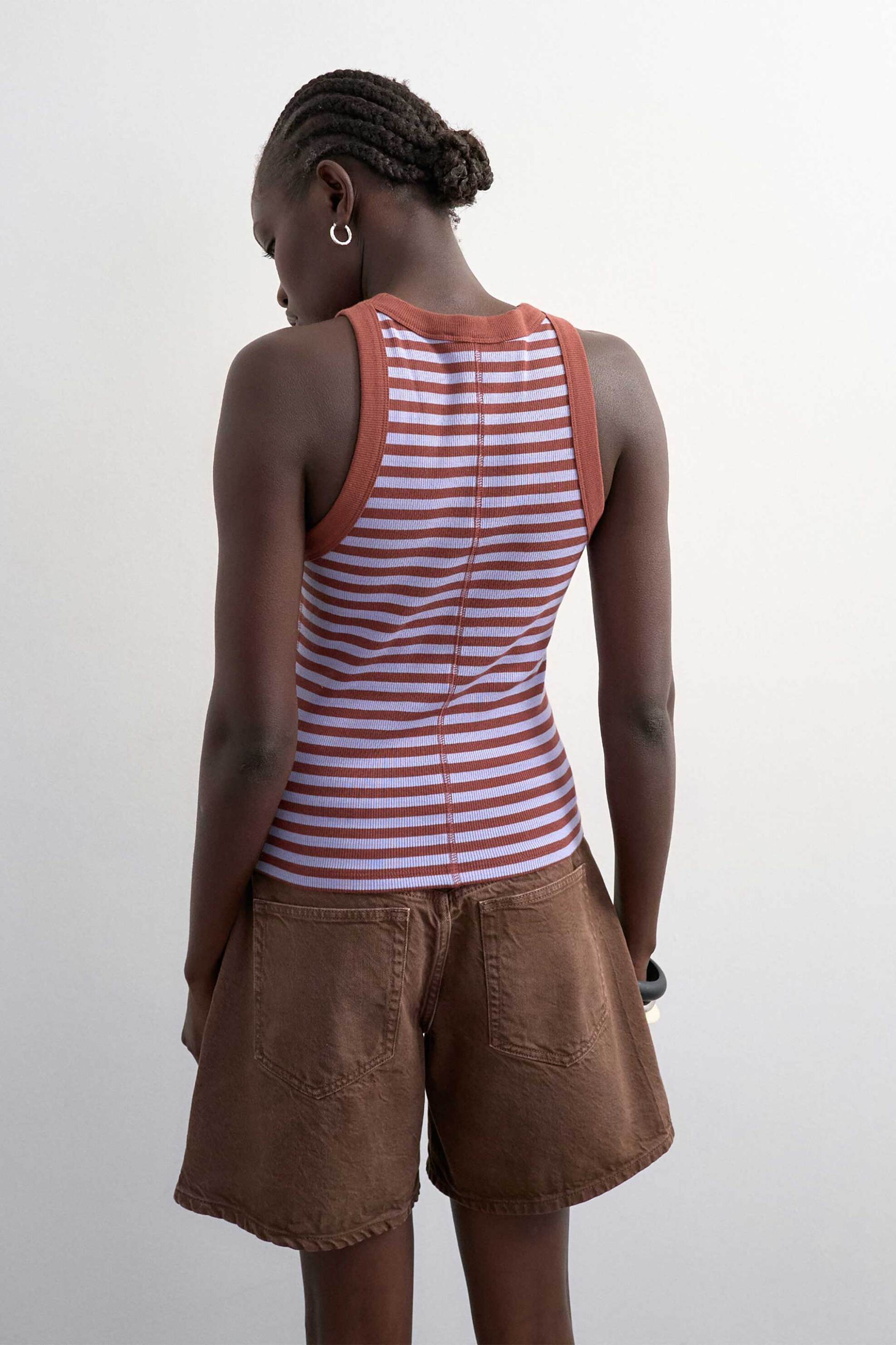 Topshop Γυναικείο Τοπ Ριγέ Αμάνικο Sanne - 31000920 Καφέ