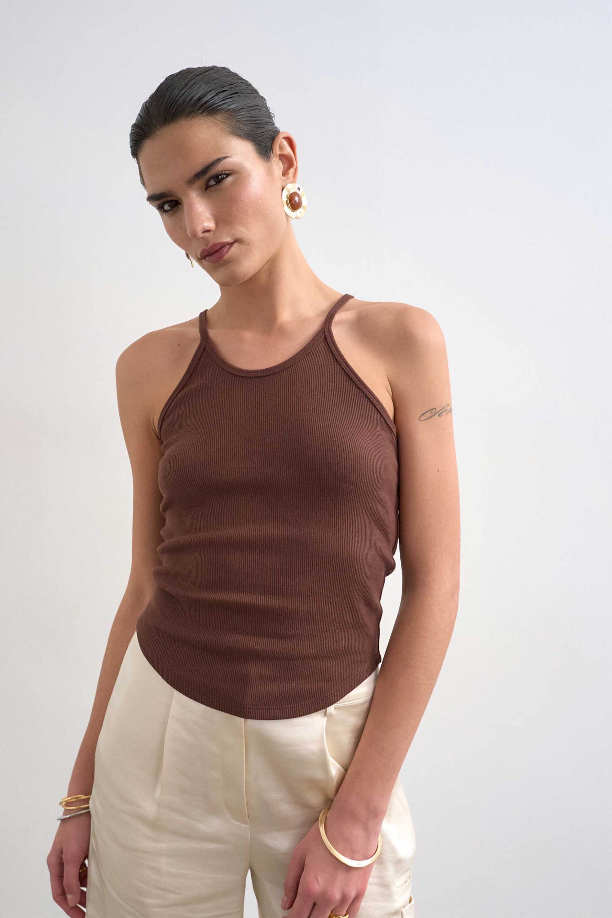 Topshop γυναικείο τοπ αμάνικο "Alfrida" - 31001060 Καφέ