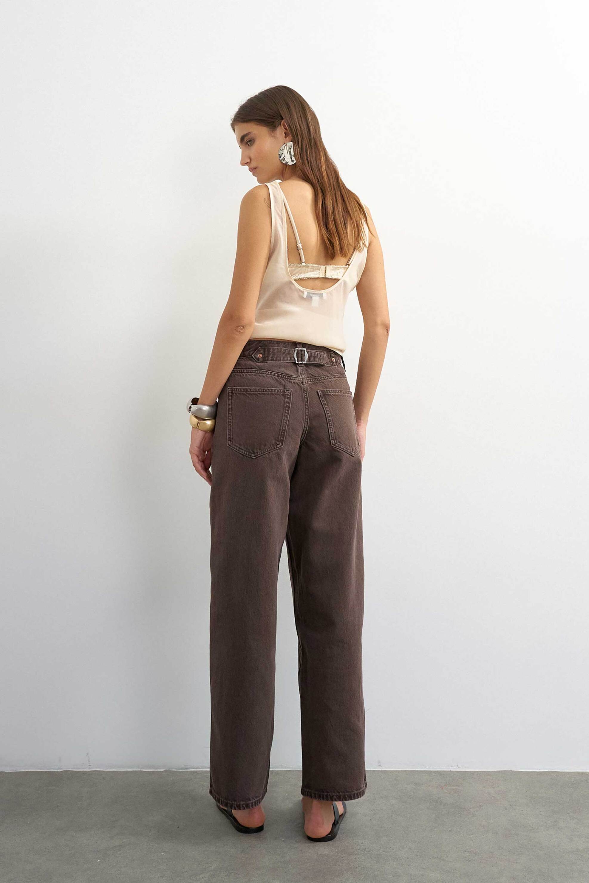 Topshop Γυναικείο Τζιν Παντελόνι Wide Fit Cinch - 31001640 Καφέ