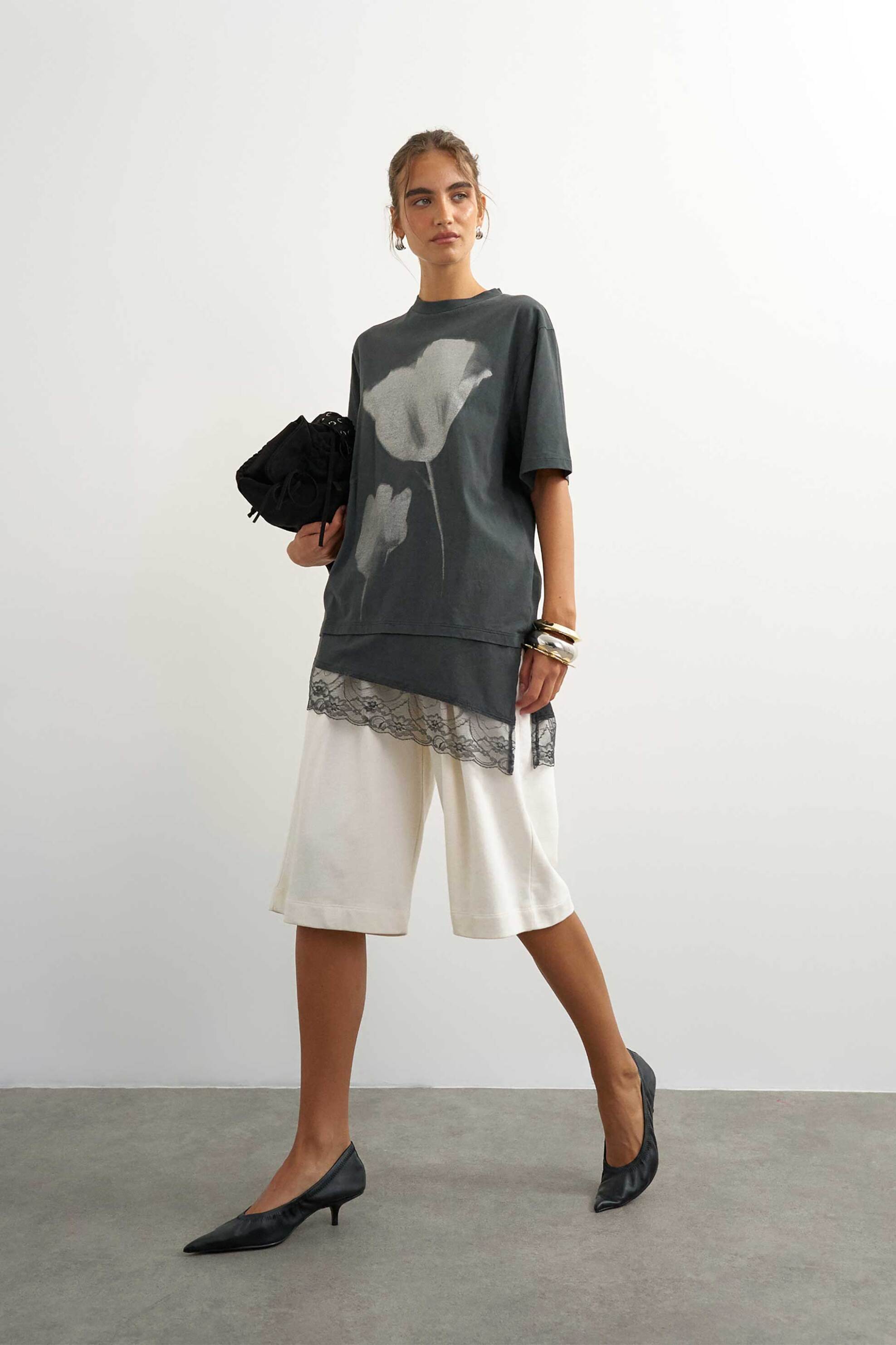 TOPSHOP Topshop γυναικείο T-shirt με δαντέλα Regular Fit "Brit" - 31002192 Ανθρακί - 3