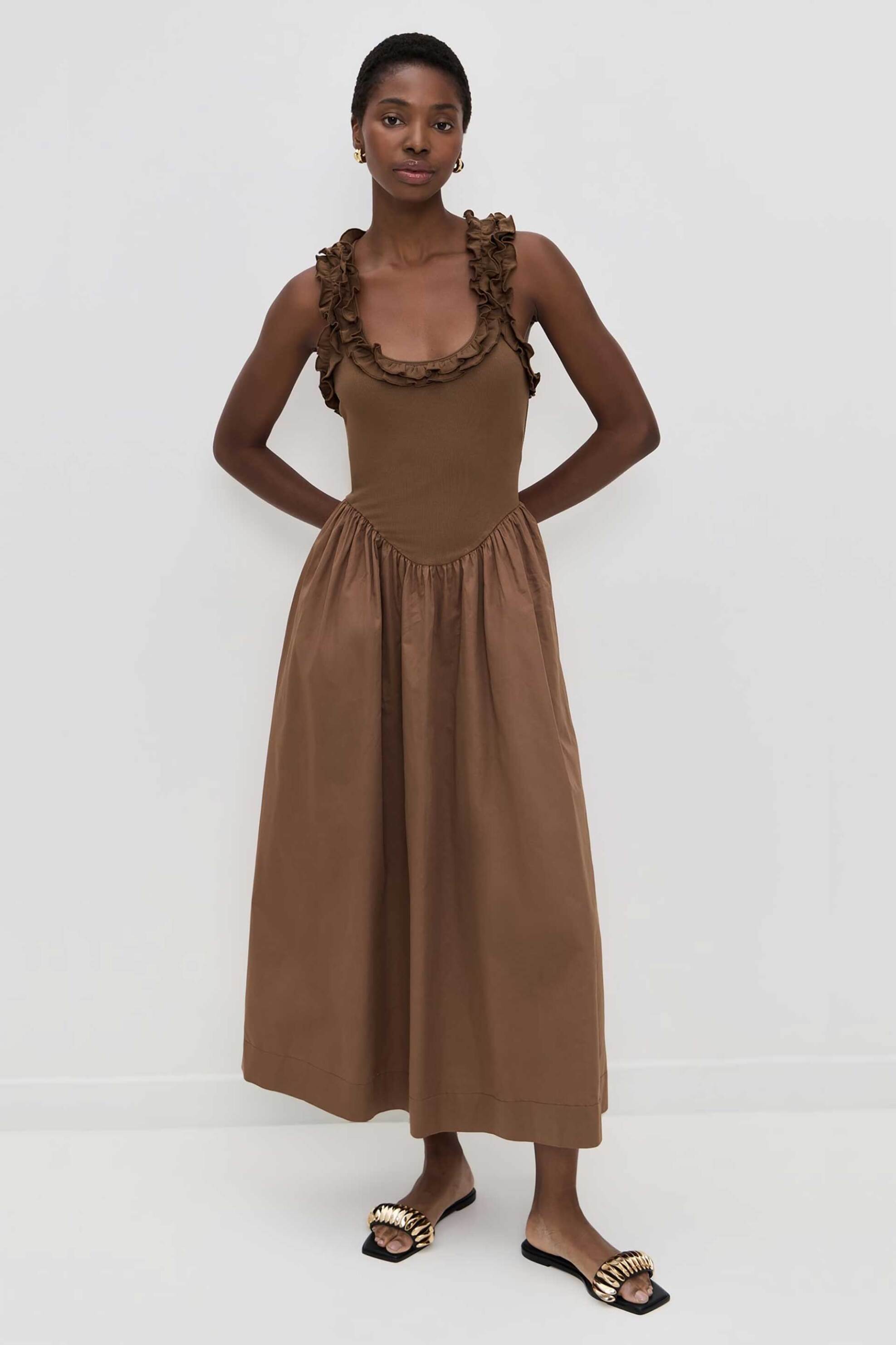 Roame γυναικείο maxi φόρεμα με βολάν "Paloma" - R26D263B Καφέ