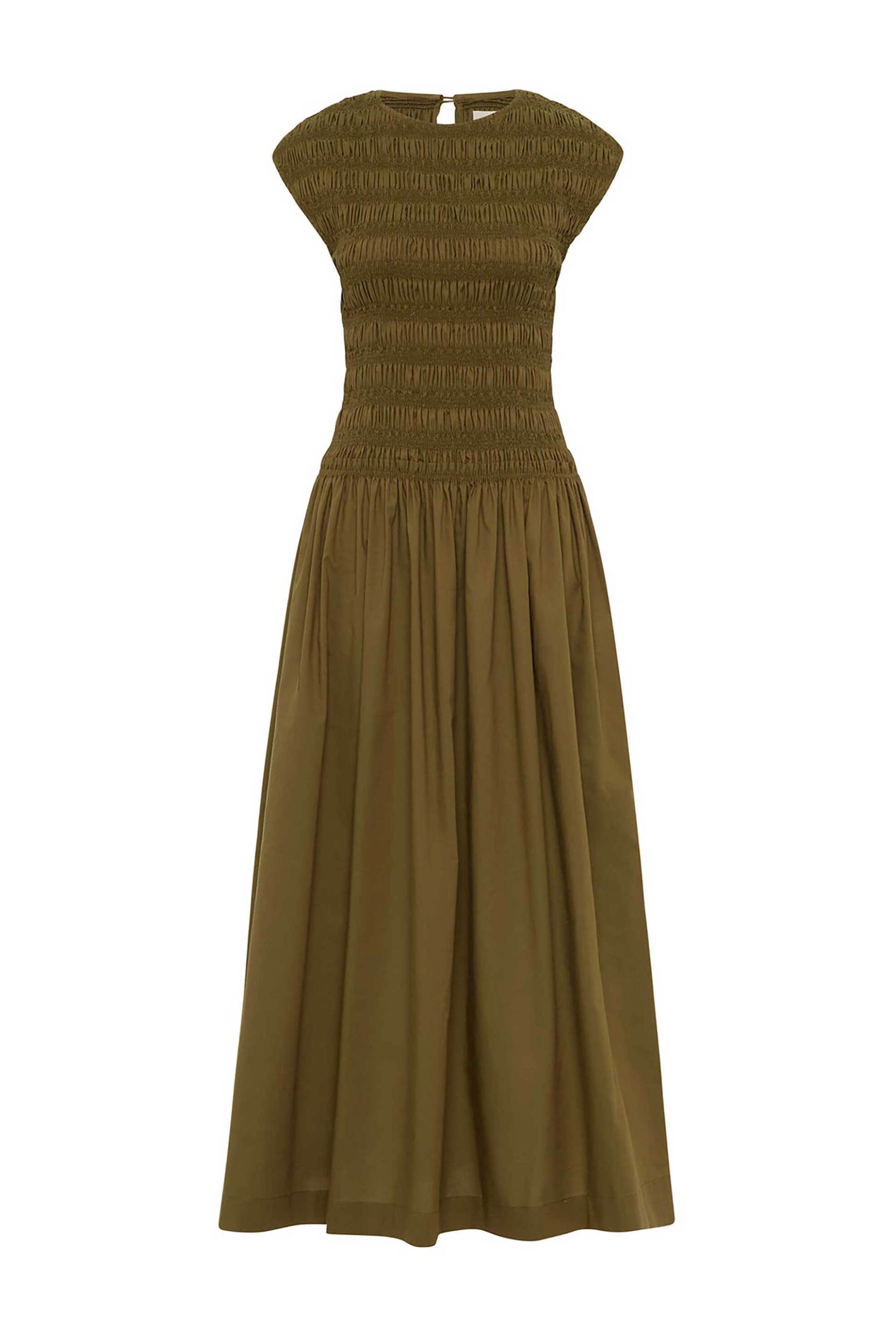 Faithful The Brand γυναικείο maxi αμάνικο φόρεμα με σχέδιο σφηκοφωλιά στο επάνω μέρος Α line - FF4546-OLI Λαδί φωτογραφία