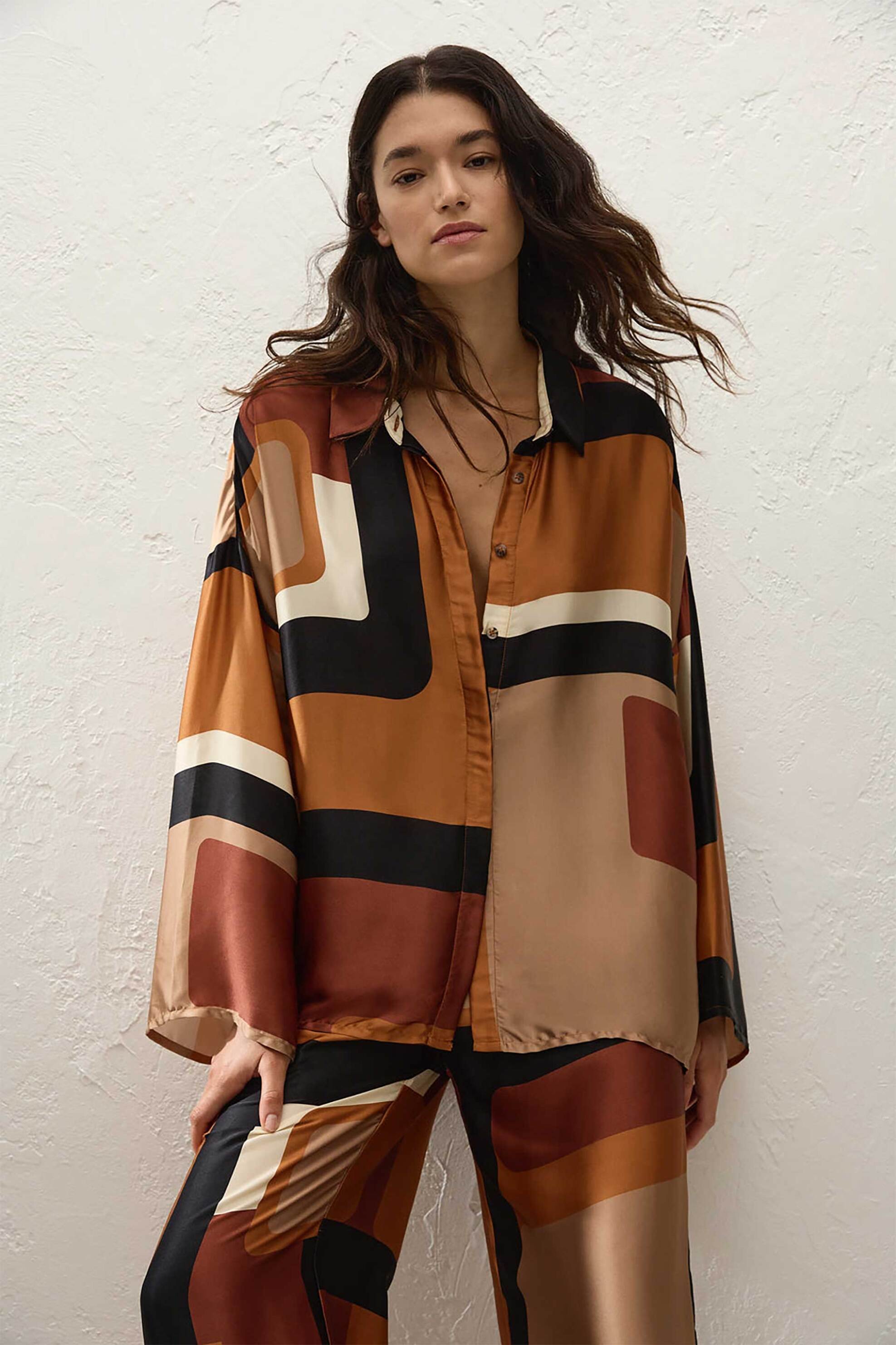 Faithful The Brand γυναικείο πουκάμισο με γεωμετρικό σχέδιο Oversized Fit - FF4608-JLC Ταμπά