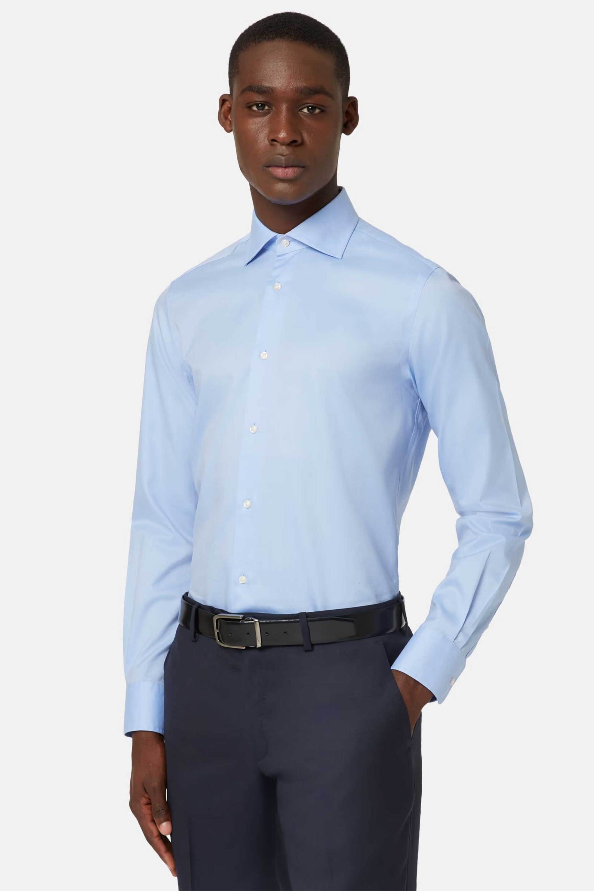Boggi Milano ανδρικό πουκάμισο twill μονόχρωμο Slim Fit - BO24C005102 Μπλε Ανοιχτό