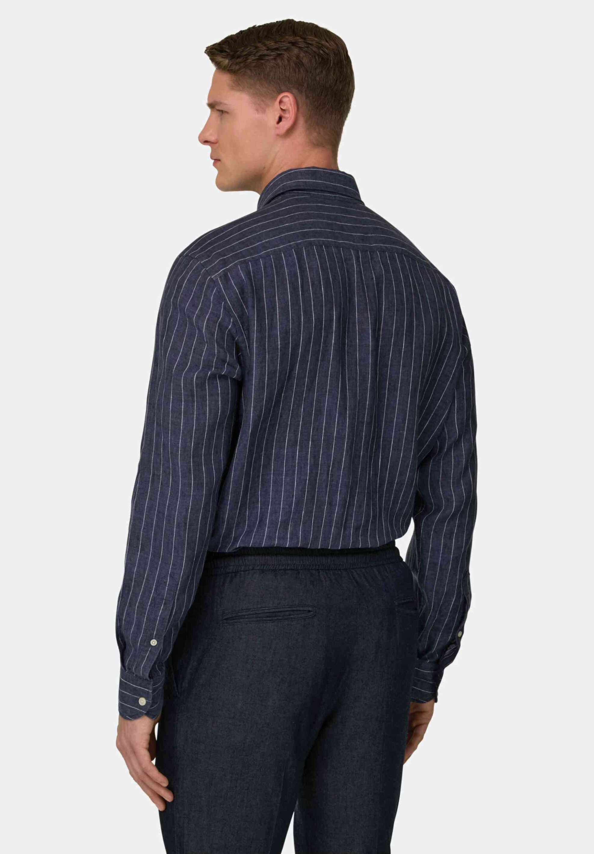 Boggi Milano Ανδρικό Λινό Πουκάμισο με Ριγέ Σχέδιο Regular Fit - Bo26P040701 Μπλε Navy