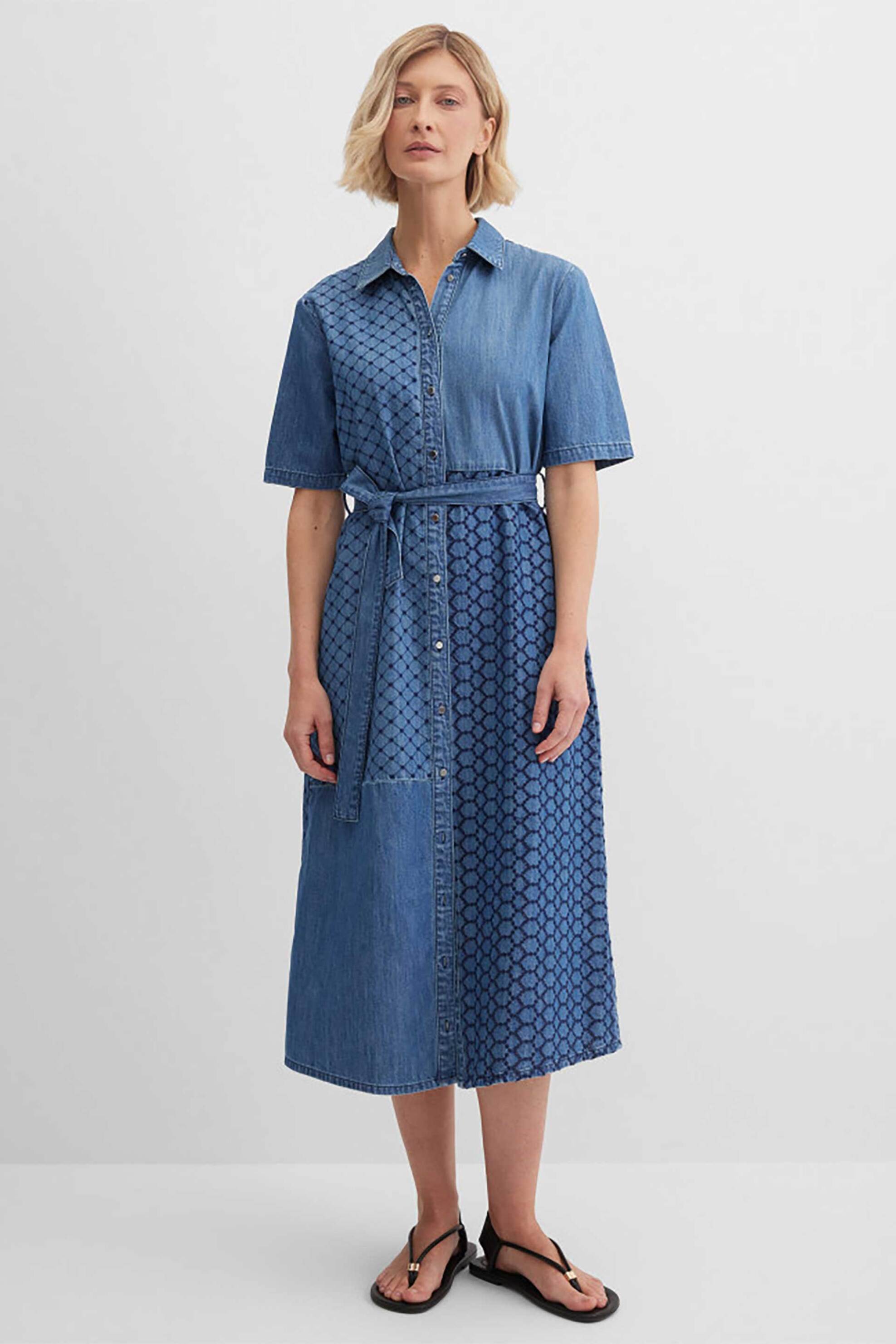 Gerry Weber γυναικείο midi φόρεμα denim σεμιζιέ με κεντημένο γεωμετρικό σχέδιο - N68654396042 Denim Blue