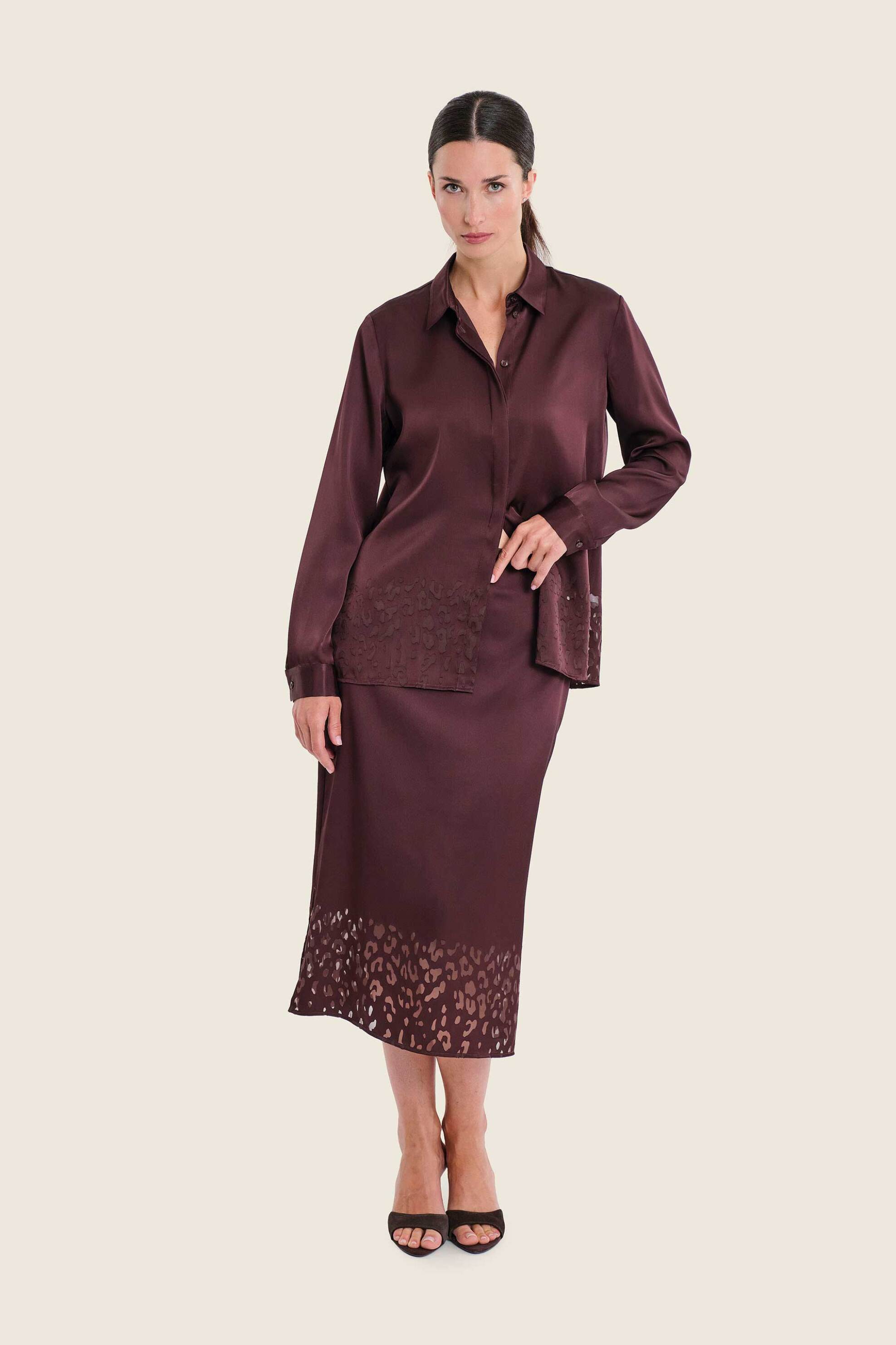 Gerry Weber γυναικεία φούστα midi σατέν με λεπτομέρεια animal print - N75682706038 Καφέ