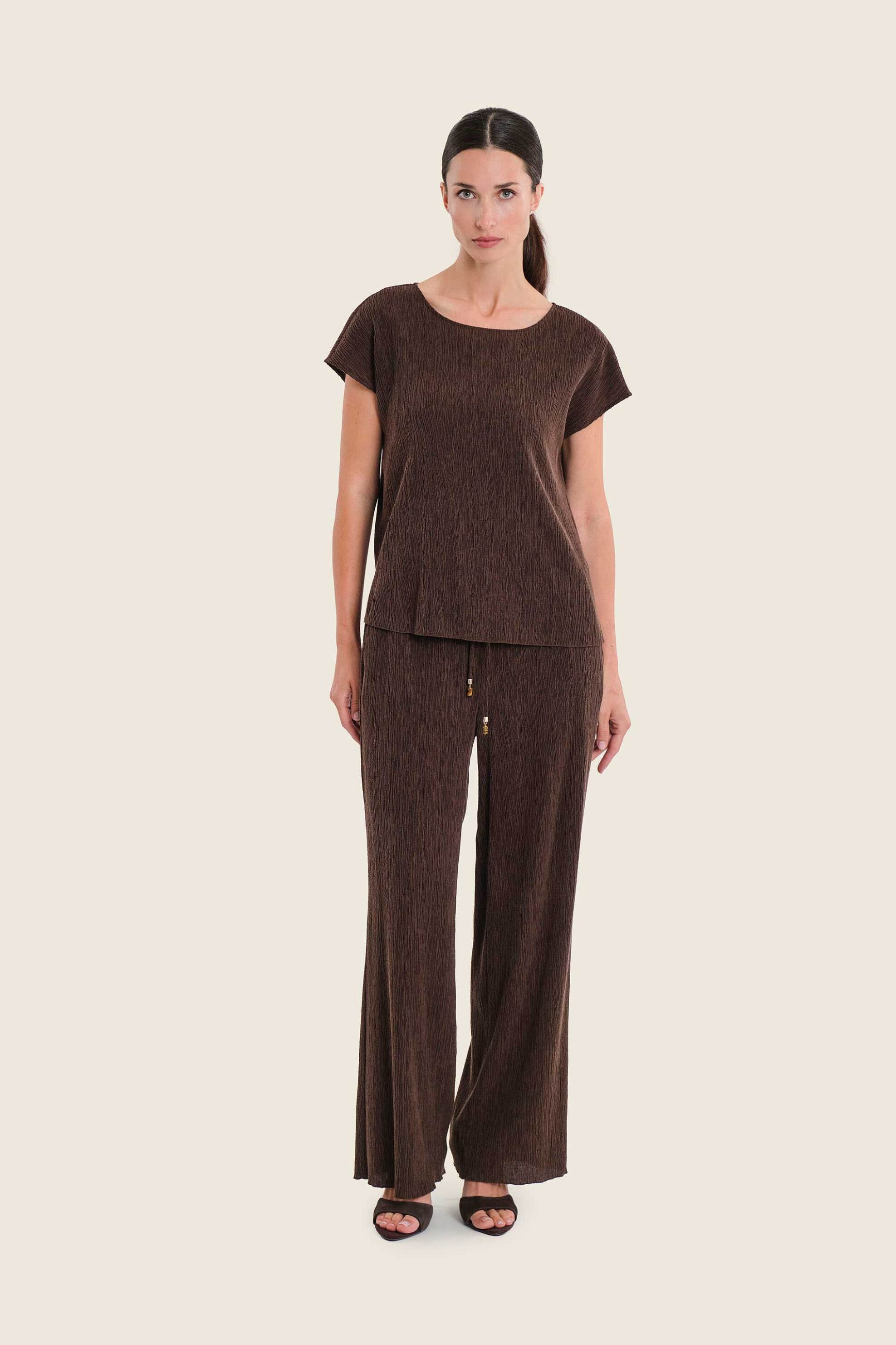 Gerry Weber γυναικείο παντελόνι με ελαστική μέση και crinkled effect Wide Leg - N77410706038 Καφέ Σκούρο