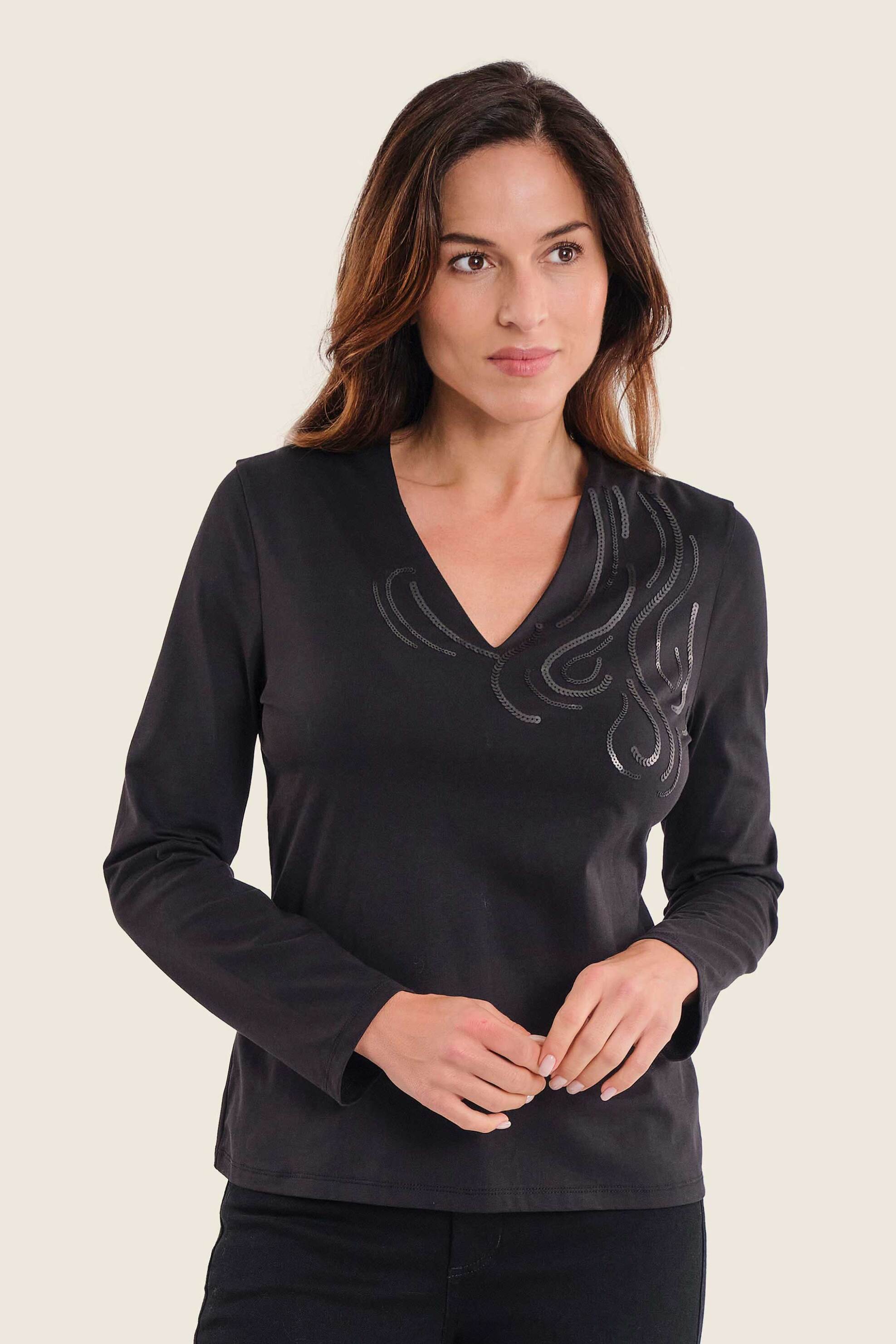 Gerry Weber γυναικεία μπλούζα με V και σχέδιο με παγιέτες - N71522120038 Μαύρο
