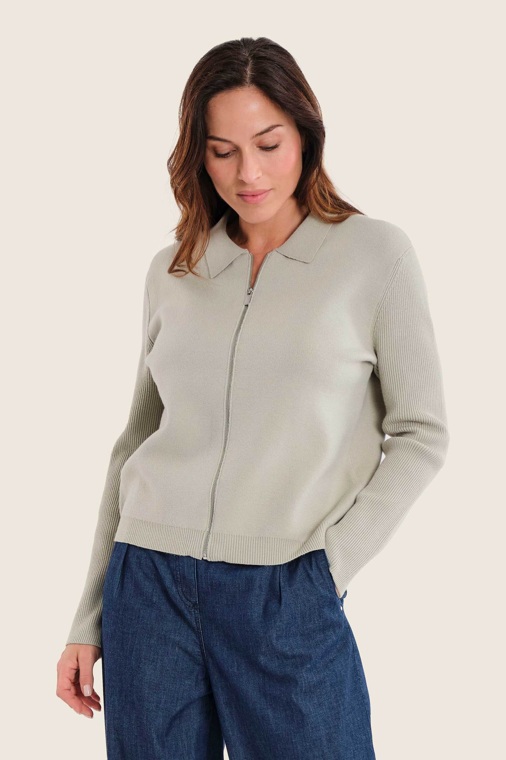 Gerry Weber γυναικεία πλεκτή ζακέτα με γιακά και φερμουάρ - N74833698038 Γκρι Ανοιχτό