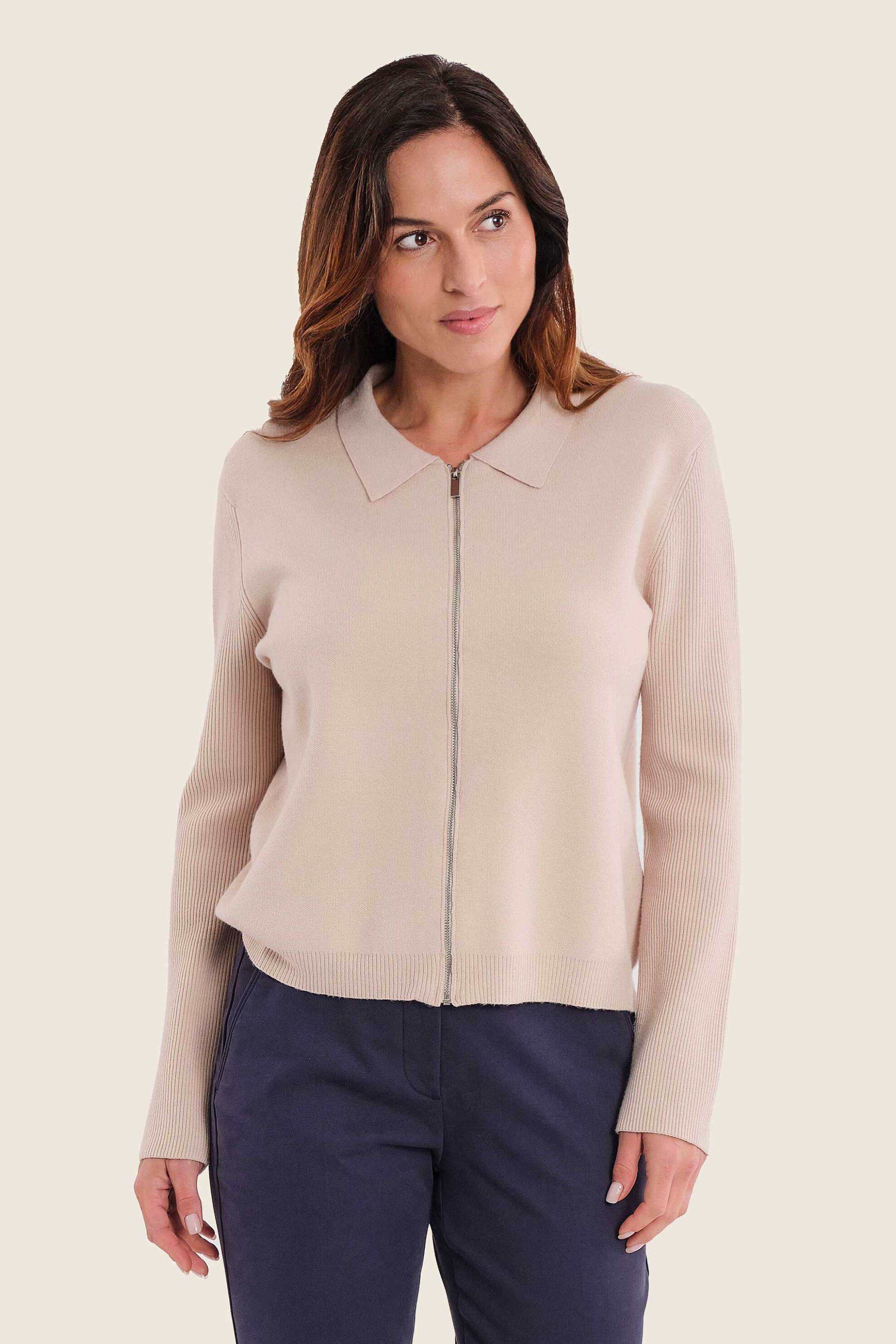 Gerry Weber γυναικεία πλεκτή ζακέτα με γιακά και φερμουάρ - N74833699038 Μπεζ