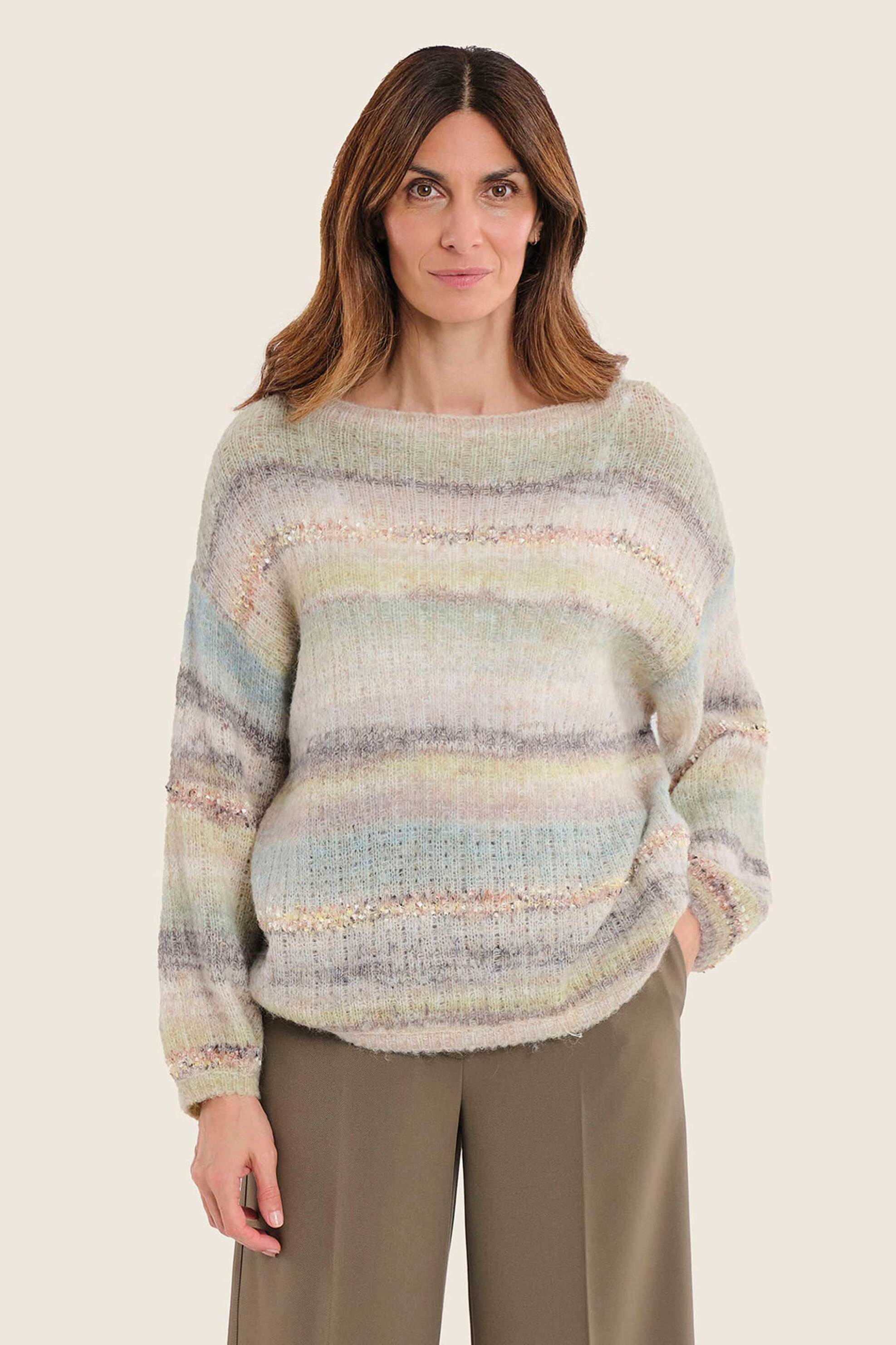 Gerry Weber γυναικεία πλεκτή μπλούζα με πολύχρωμο σχέδιο και boat λαιμόκοψη - N76003698038 Πράσινο Ανοιχτό