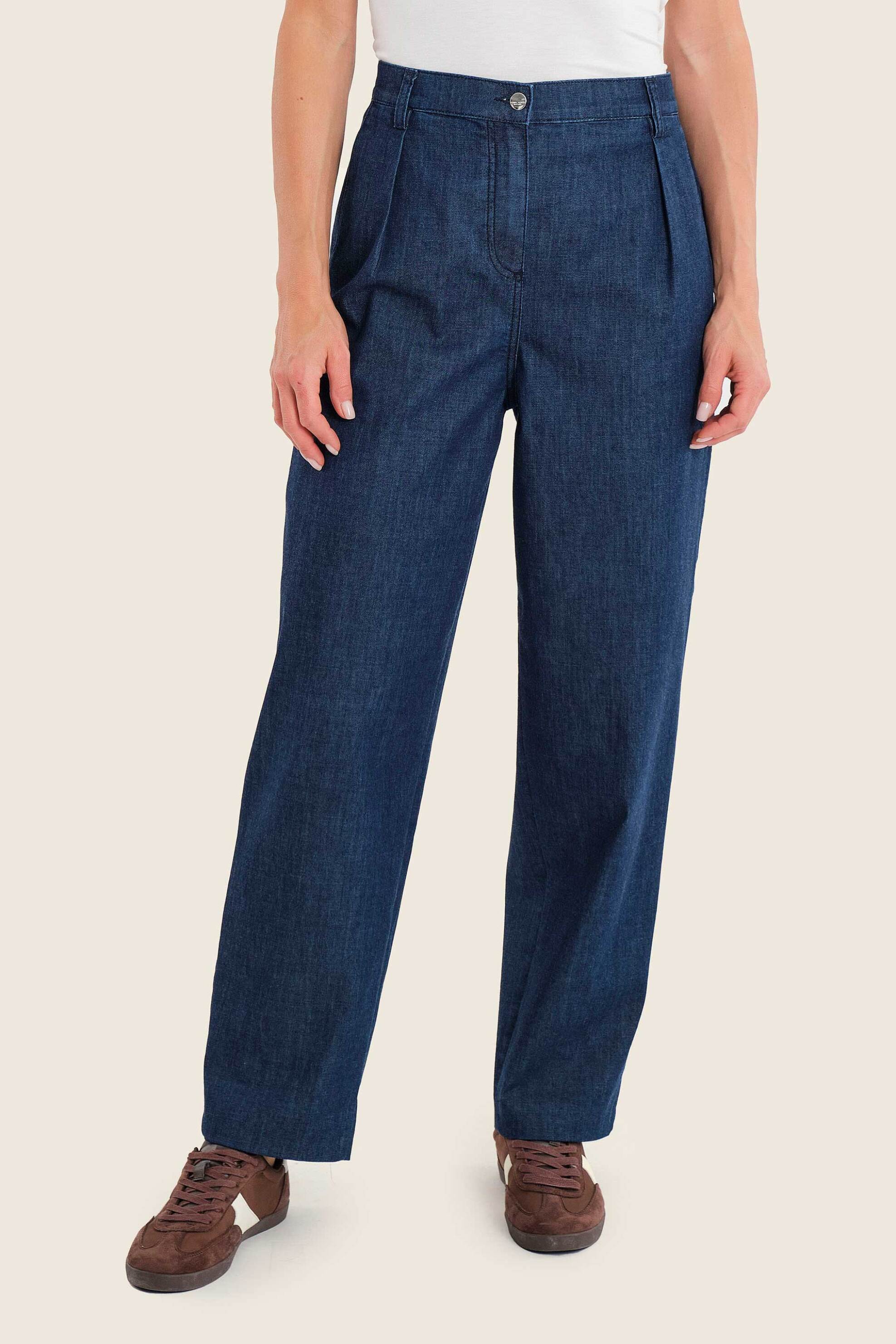 Gerry Weber γυναικείο τζιν παντελόνι με σούρες και logo patch Straight Fit - N77013397038 Denim Blue Σκούρο