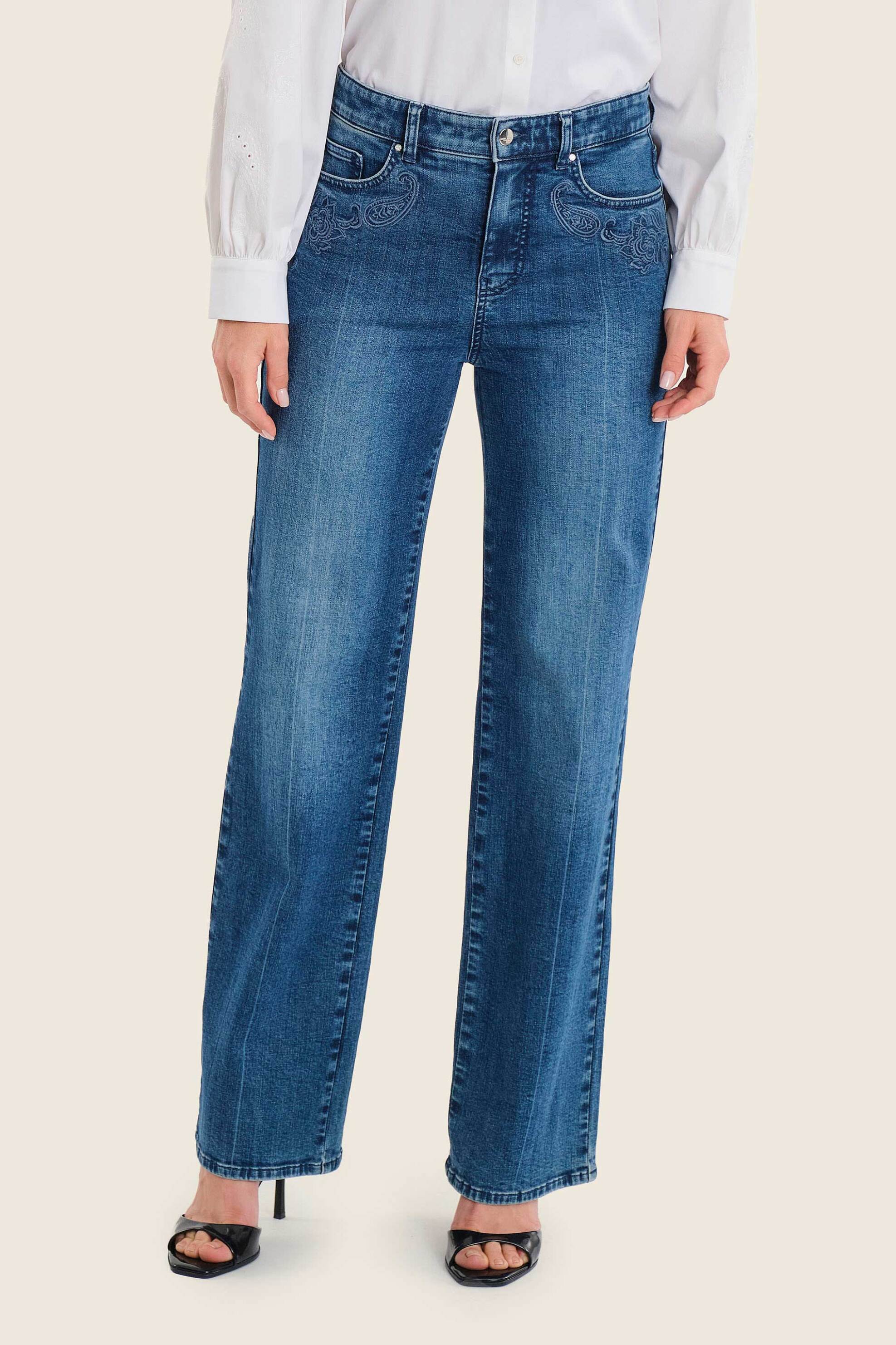 Gerry Weber γυναικείο τζιν παντελόνι πεντάτσεπο με κεντήματα Wide Leg - N77031396040 Denim Blue