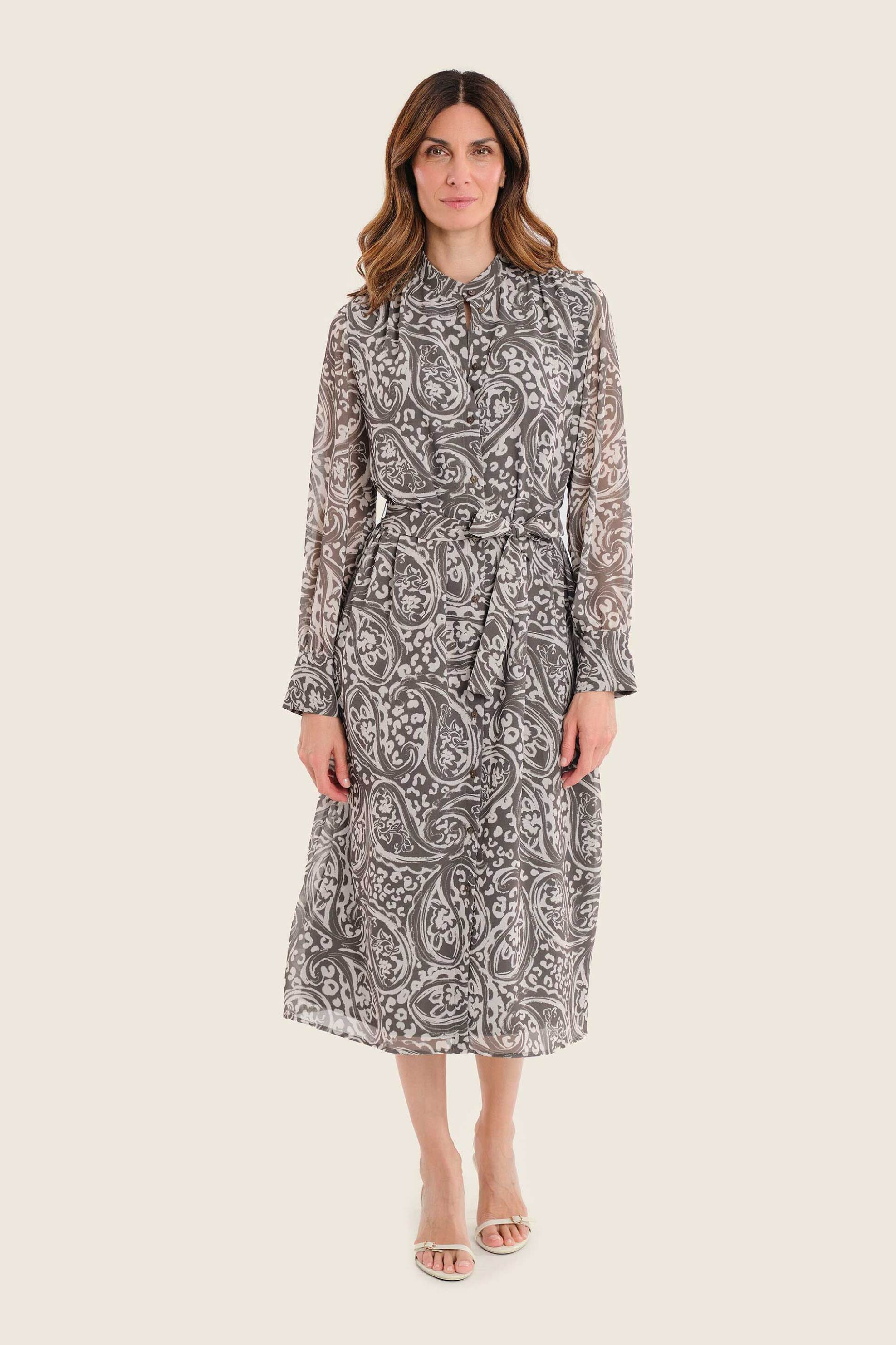 Gerry Weber γυναικείο midi φόρεμα σεμιζιέ με all-over print και ζώνη - N78552768038 Λαδί