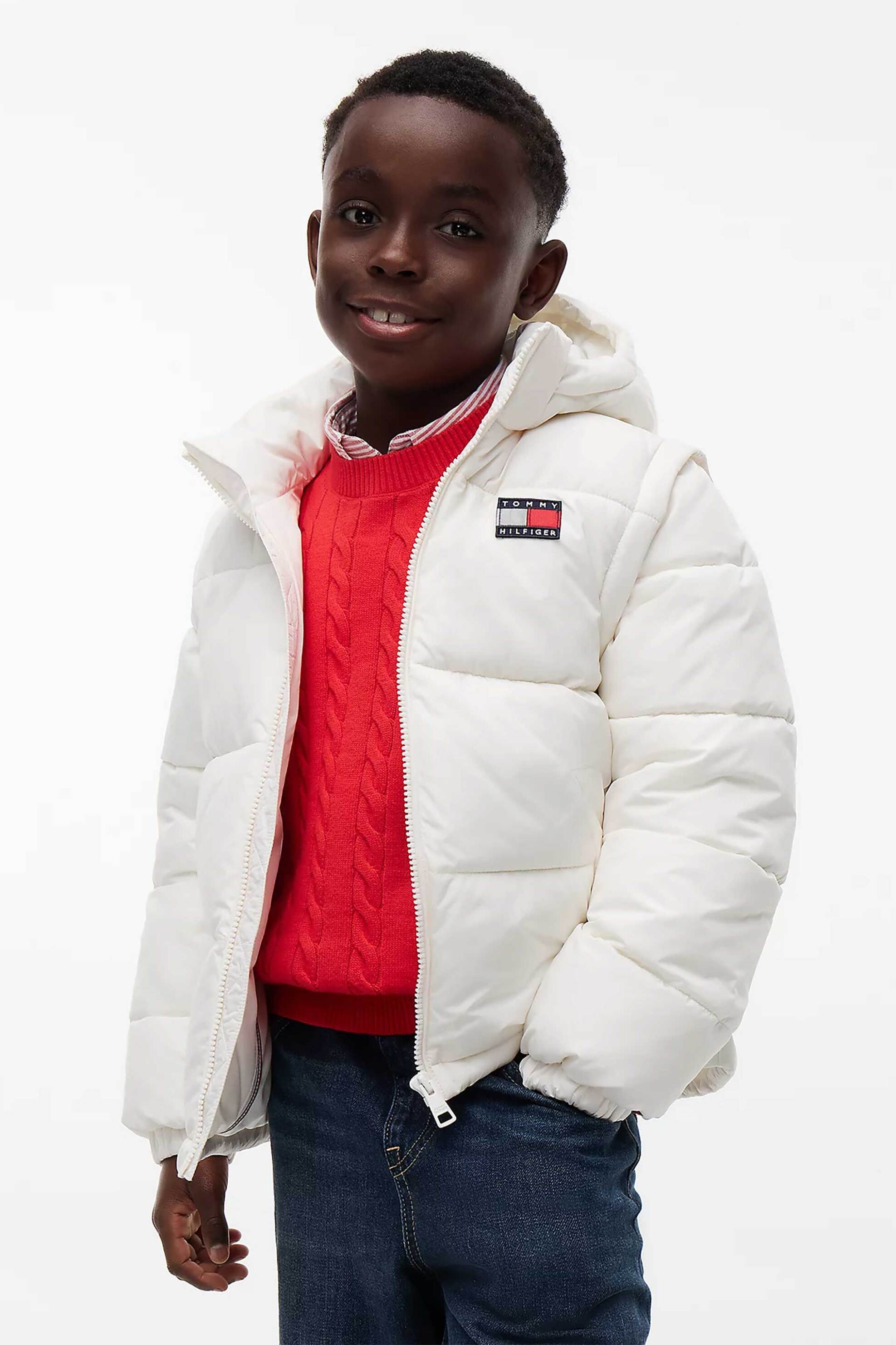 Tommy Hilfiger παιδικό puffer μπουφάν με κουκούλα και αποσπώμενα μανίκια Relaxed Fit - KS0KS00760A Υπόλευκο
