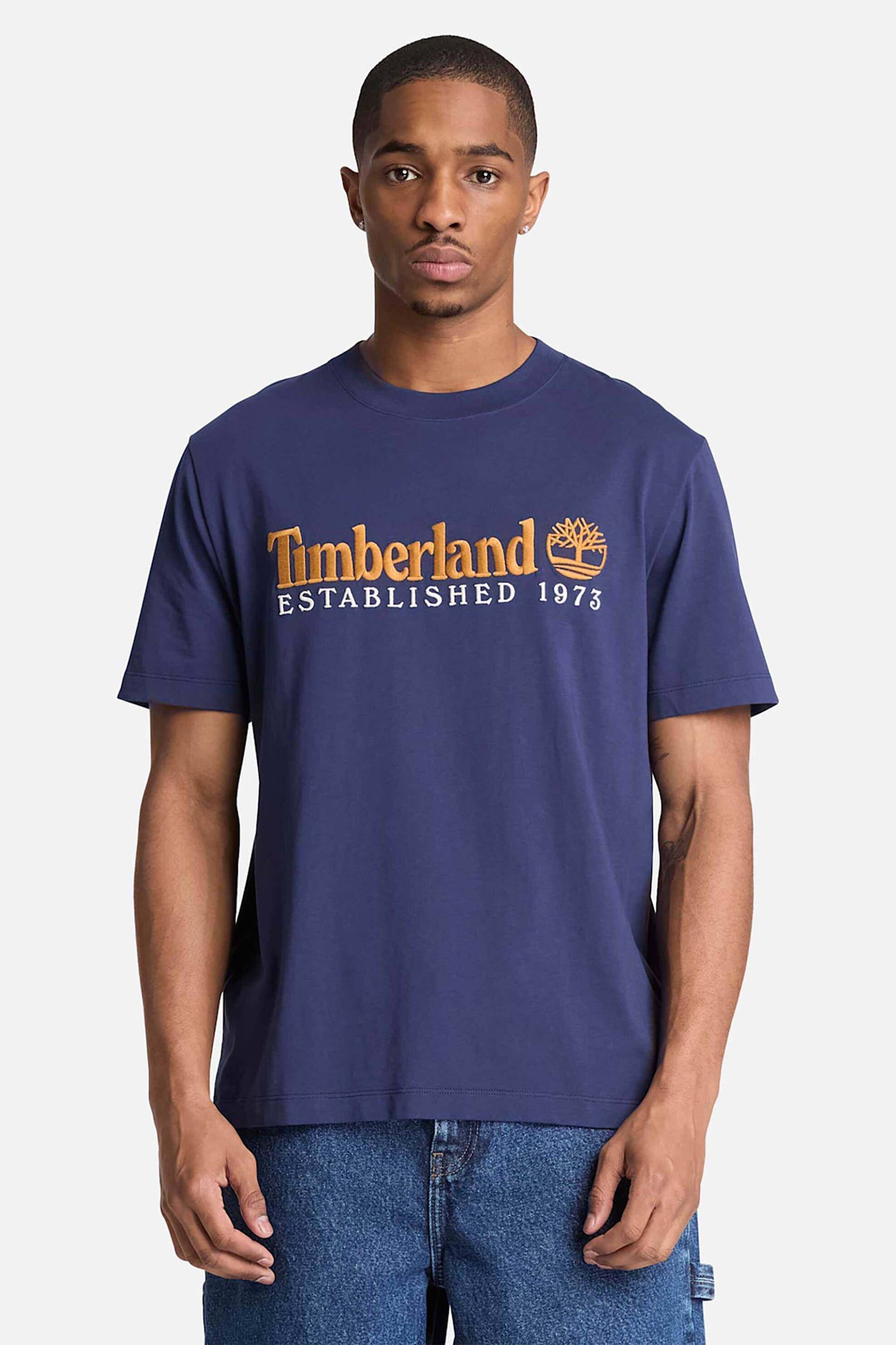 Timberland ανδρικό T-shirt με κεντημένο λογότυπο Regular Fit "Established 1973" - TBC0YHBRAIH1 Μπλε