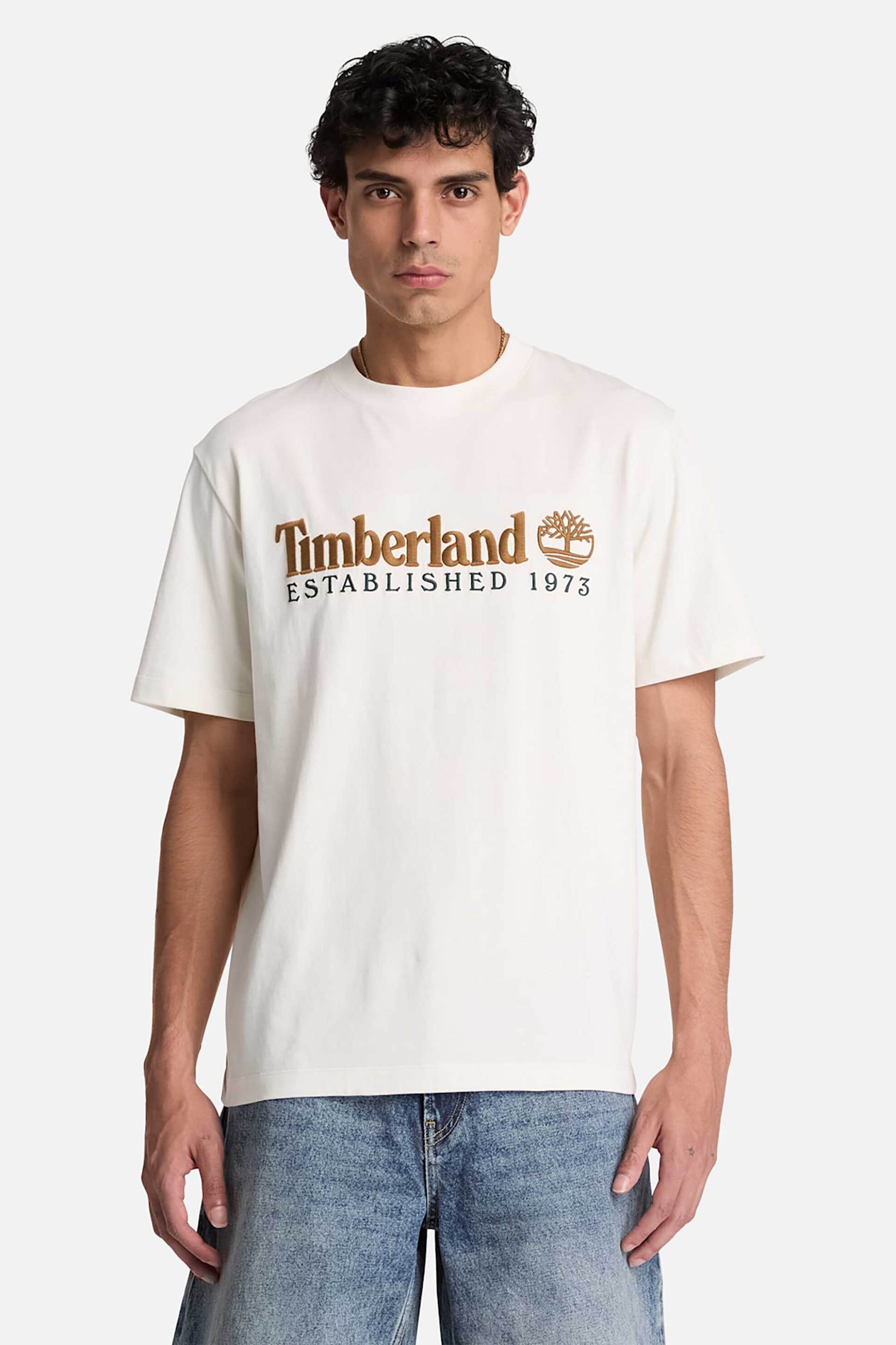 Timberland ανδρικό T-shirt με κεντημένο λογότυπο Regular Fit "Established 1973" - TBC0YHBRCM91 Λευκό